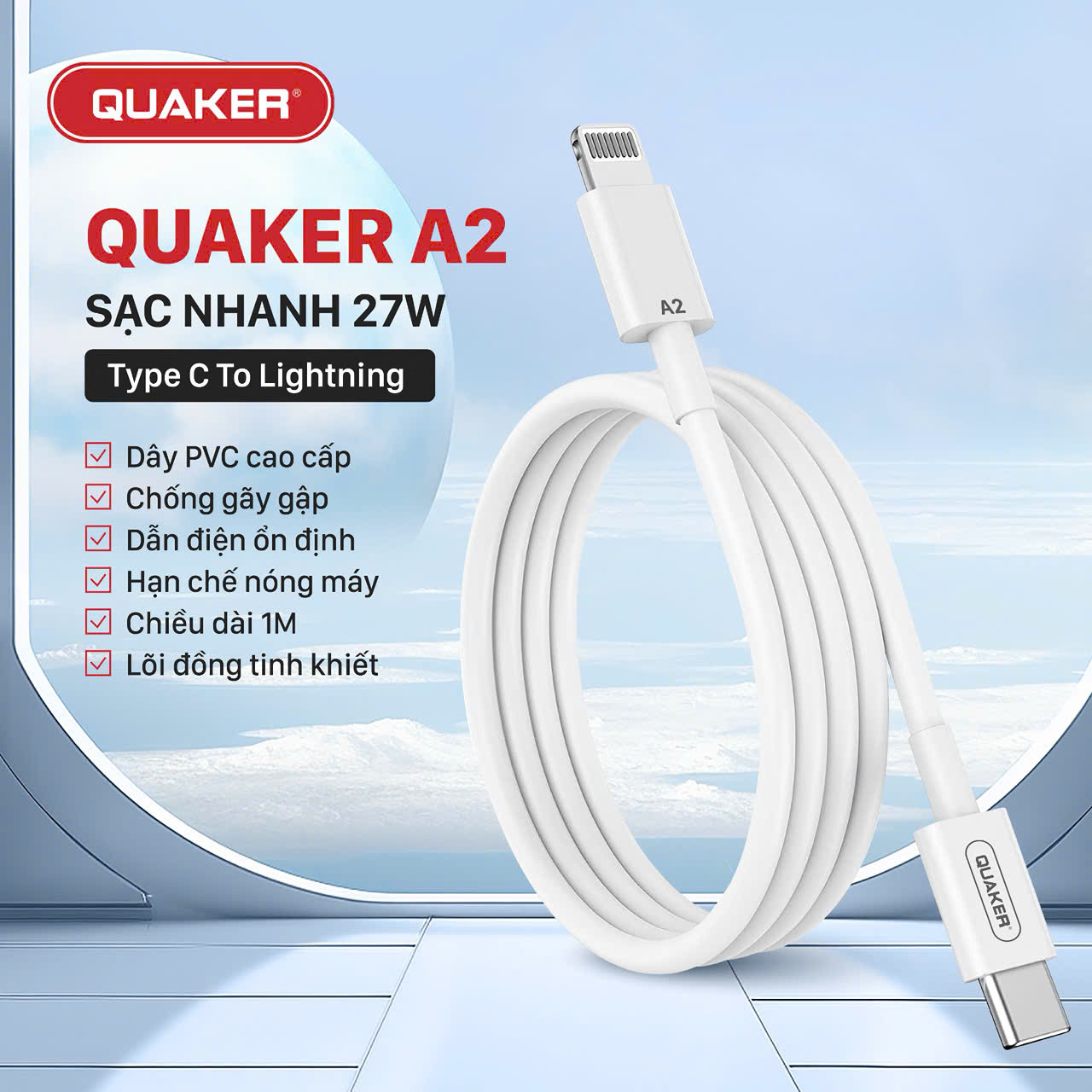 Cáp Sạc Nhanh Quaker A2 TypeC to Lightning - 27W