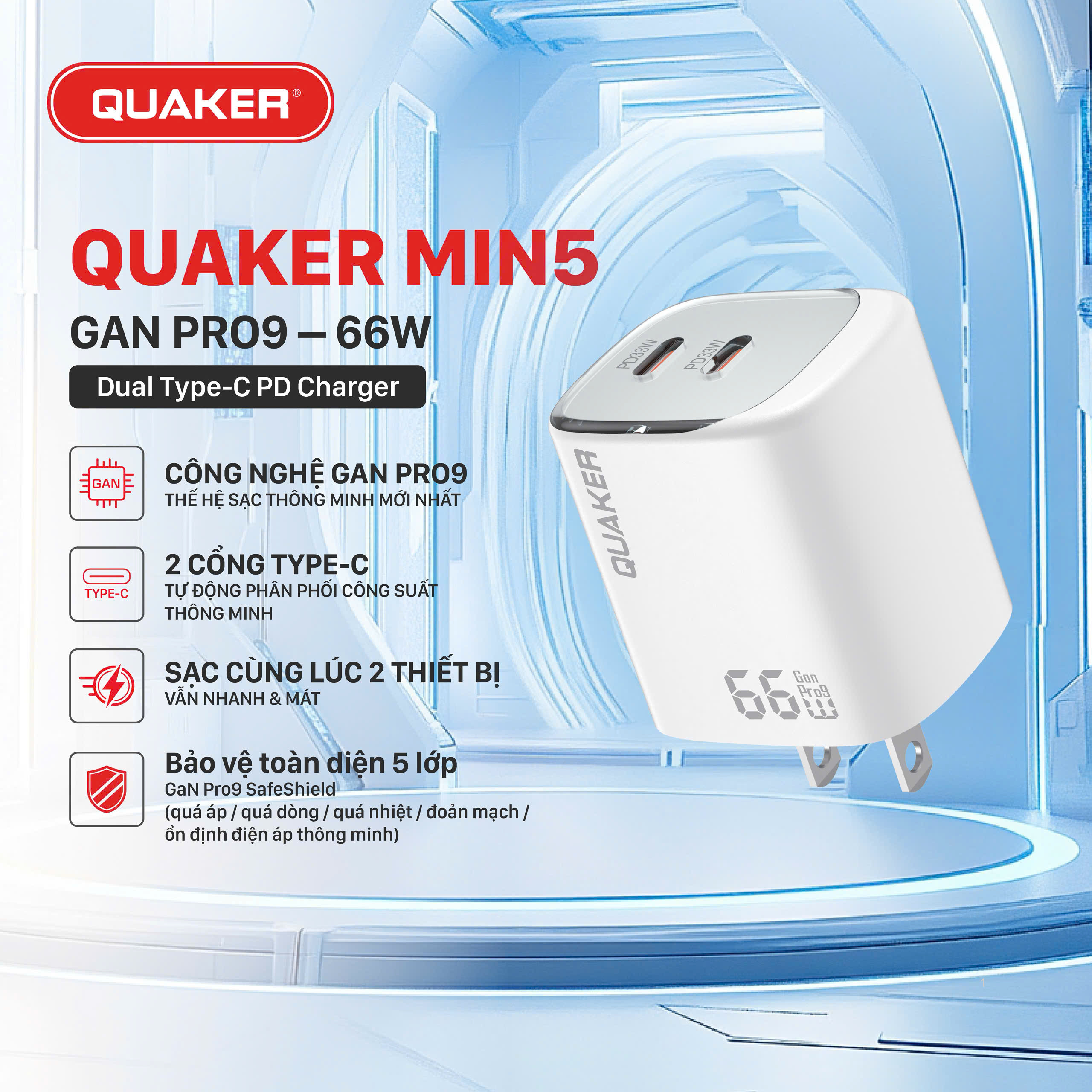 Củ Sạc Nhanh Quaker Min5 - 66W GaN Pro9 