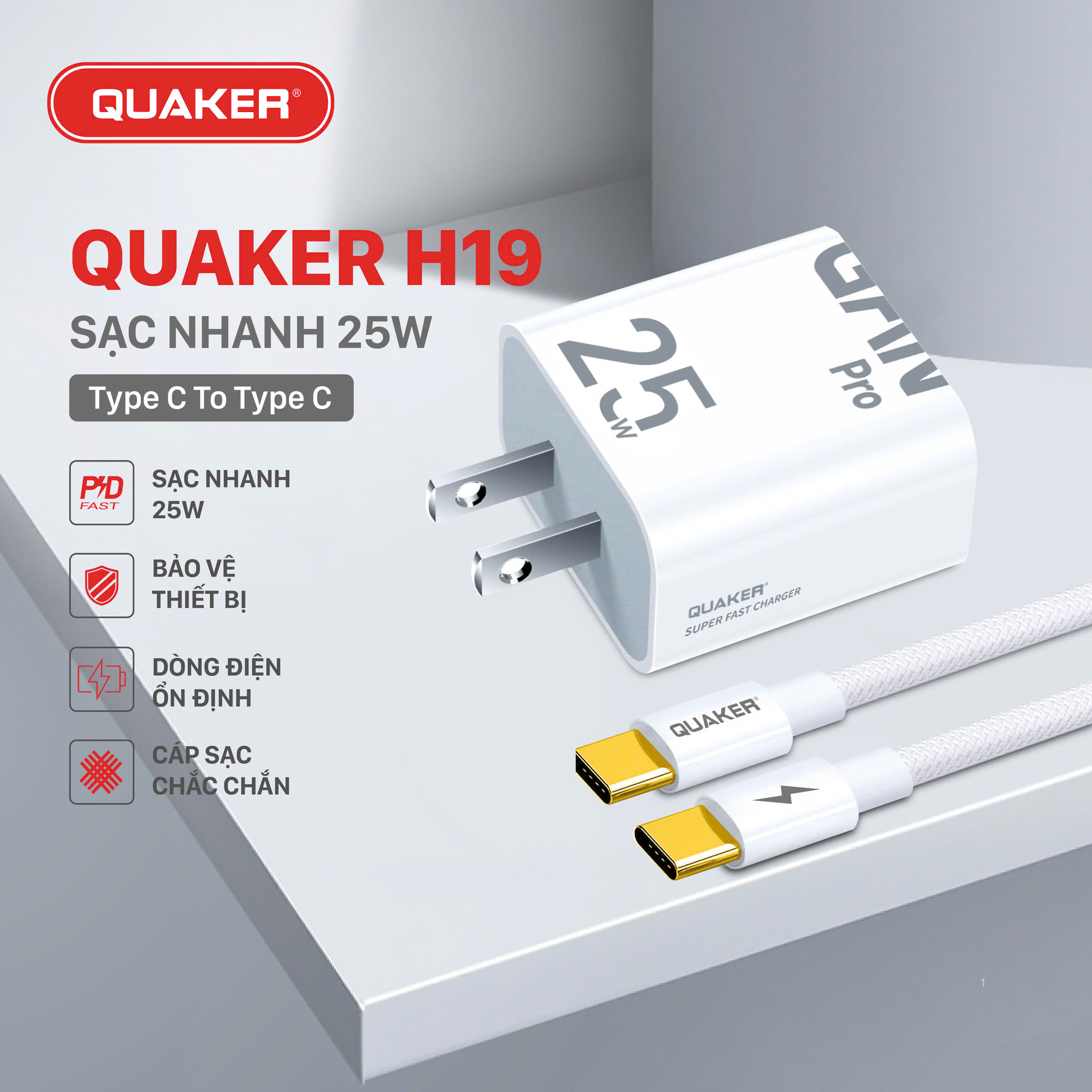 Bộ Sạc Nhanh Quaker H19 Type-C To Type-C - 25W PD