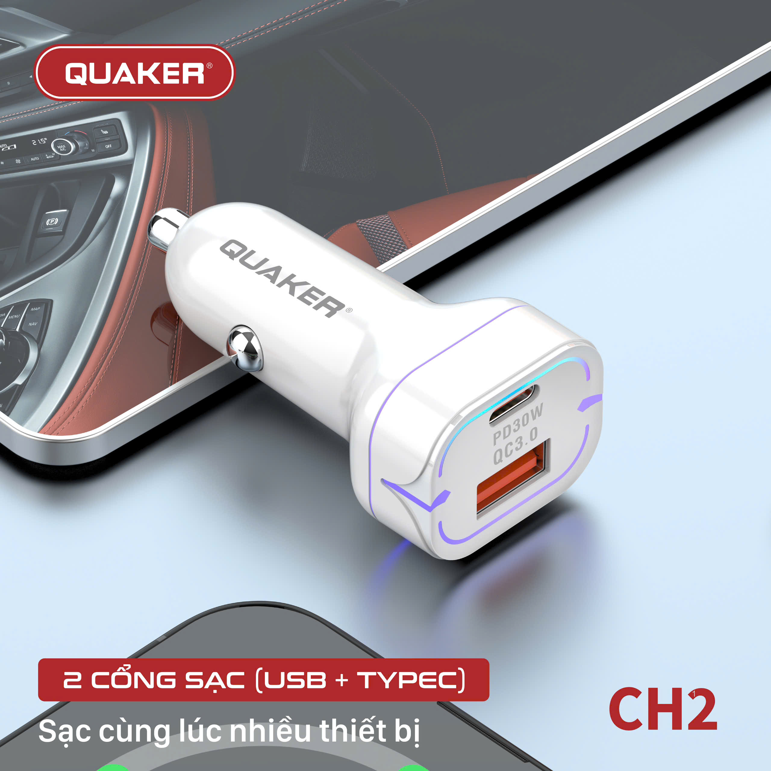 Tẩu Sạc Xe Hơi Quaker CH2 Cổng USB & Type-C - 48W