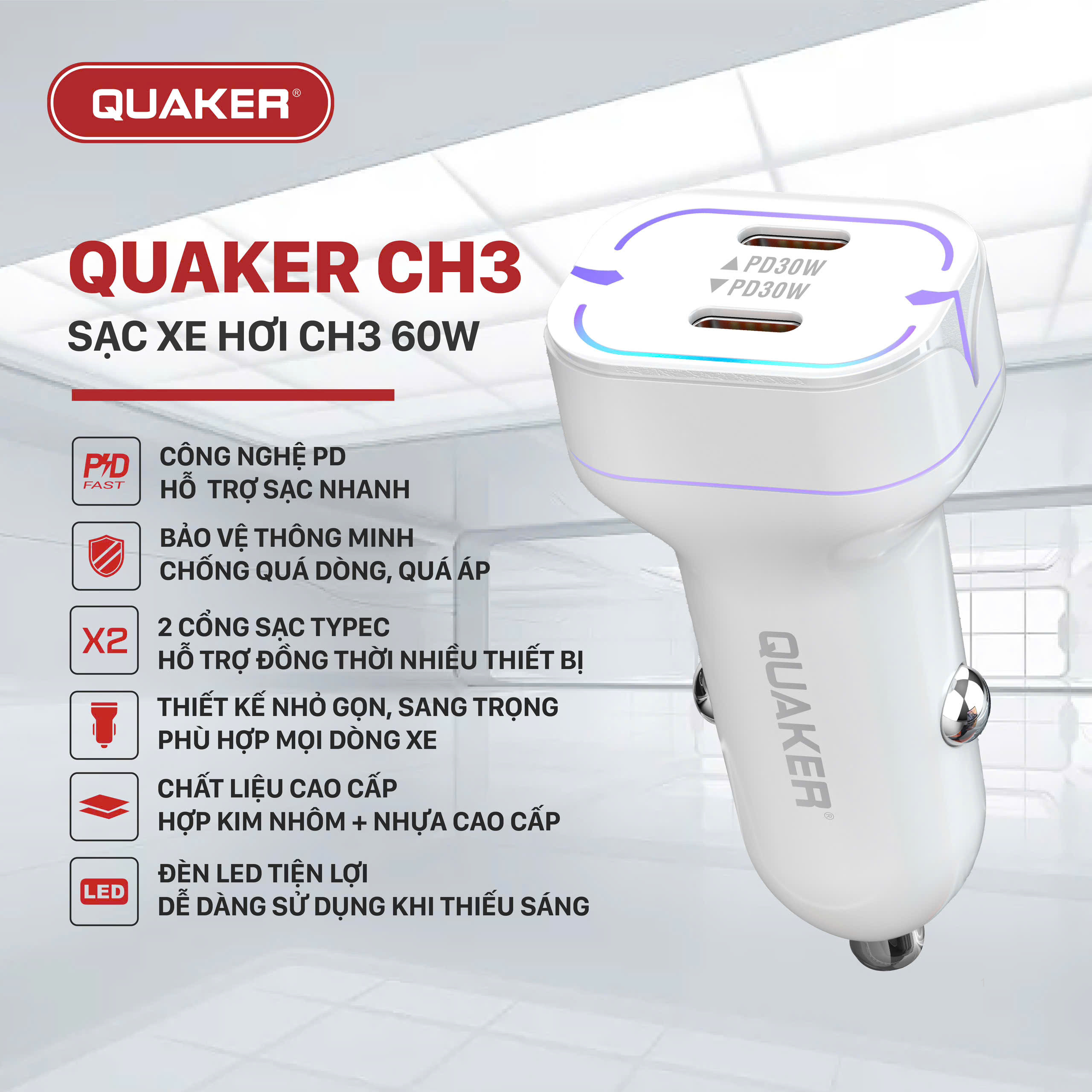 Tẩu Sạc Xe Hơi Thông Minh Quaker CH3 2 Cổng Type-C - 60W