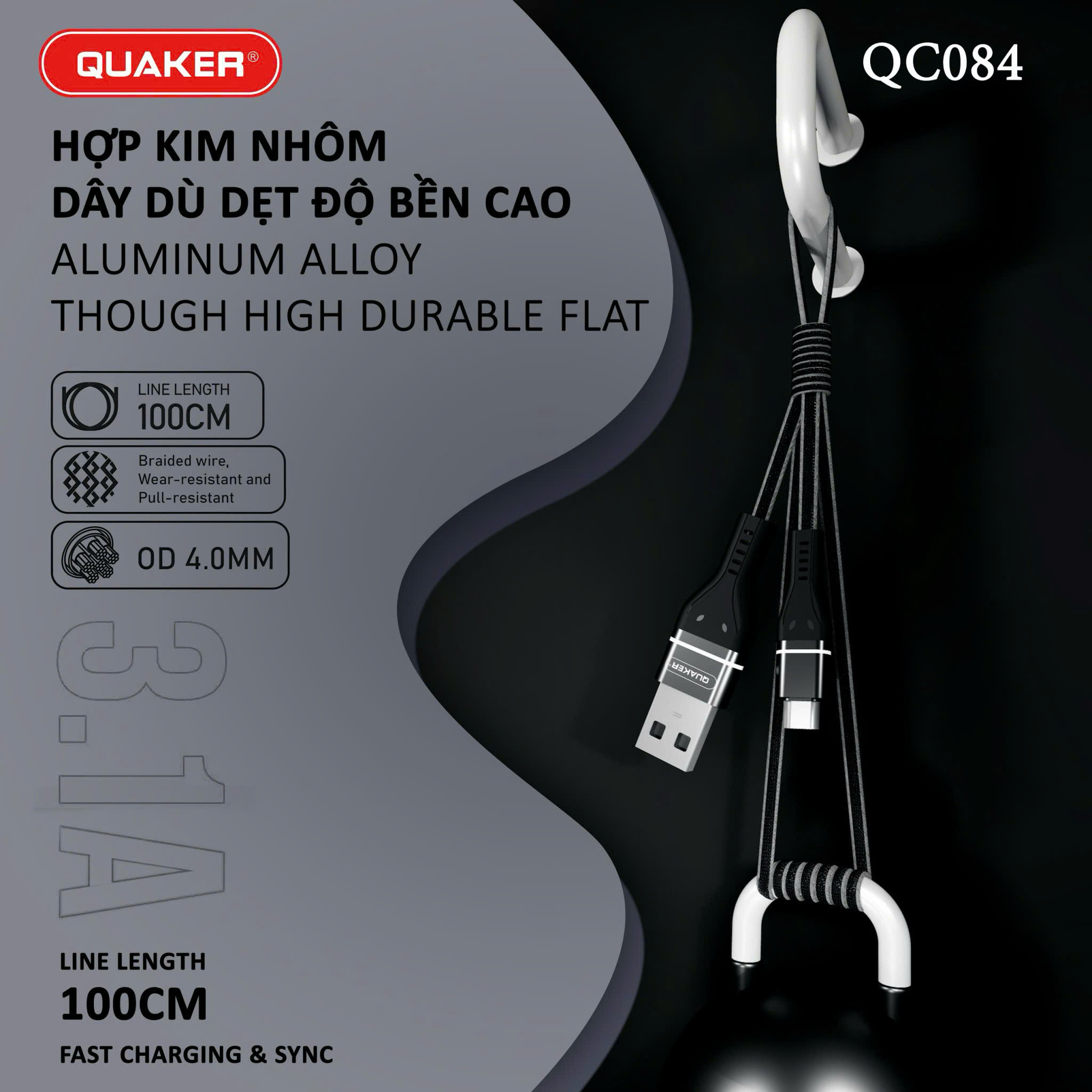 Cáp Sạc Dù Dẹt Quaker QC-084 1M – Sạc Nhanh 3.1A | Đa Dạng Cổng Sạc
