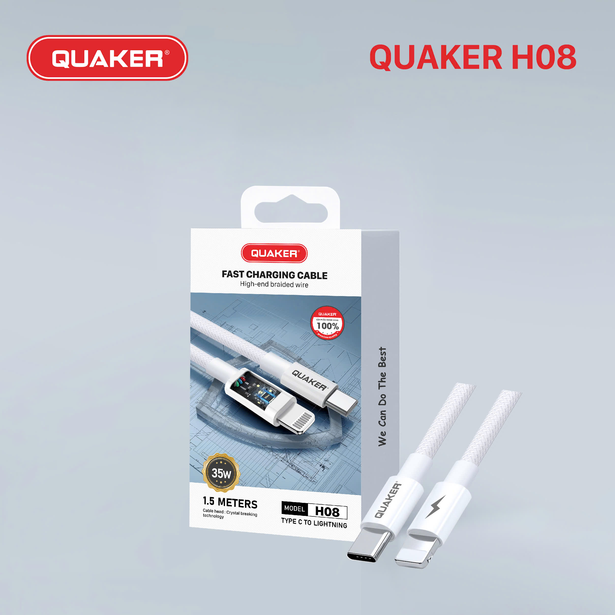 Cáp Sạc Nhanh Quaker H08 – Type-C to Lightning | PD 35W | Dài 1.5M | Dây Dù Siêu Bền