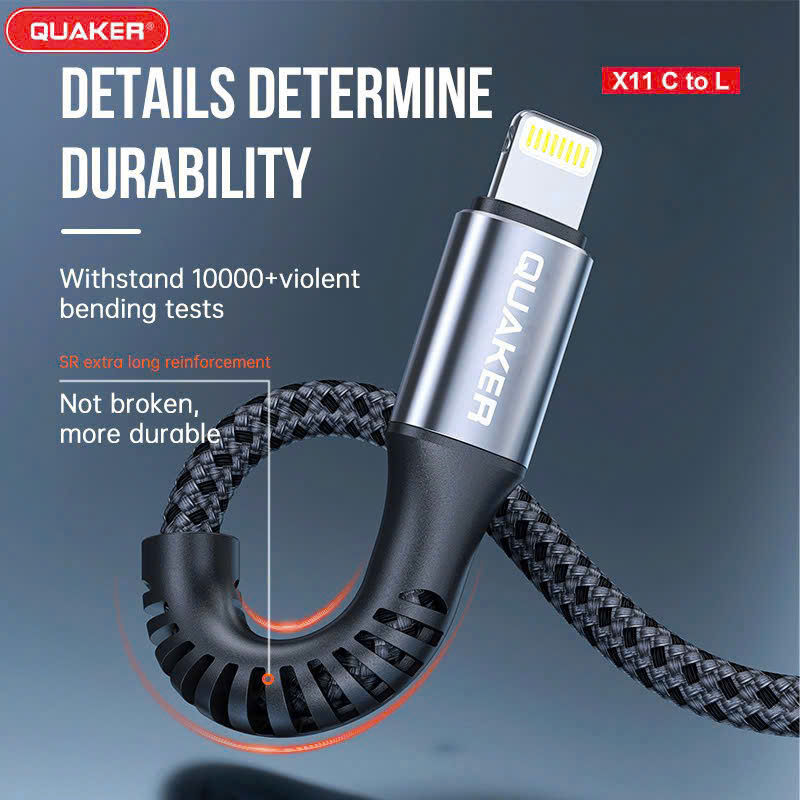 Cáp Sạc Dù Dẹt Quaker X11 Type-C to Lightning – Sạc Nhanh 30W | Dài 1M | Siêu Bền – Truyền Dữ Liệu Ổn Định