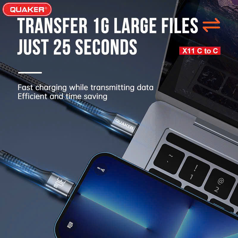 Cáp Sạc Dù Dẹt Quaker X11 Type-C to Type-C – Sạc Nhanh 60W | Dài 1M | Bền Bỉ – Truyền Dữ Liệu Ổn Định
