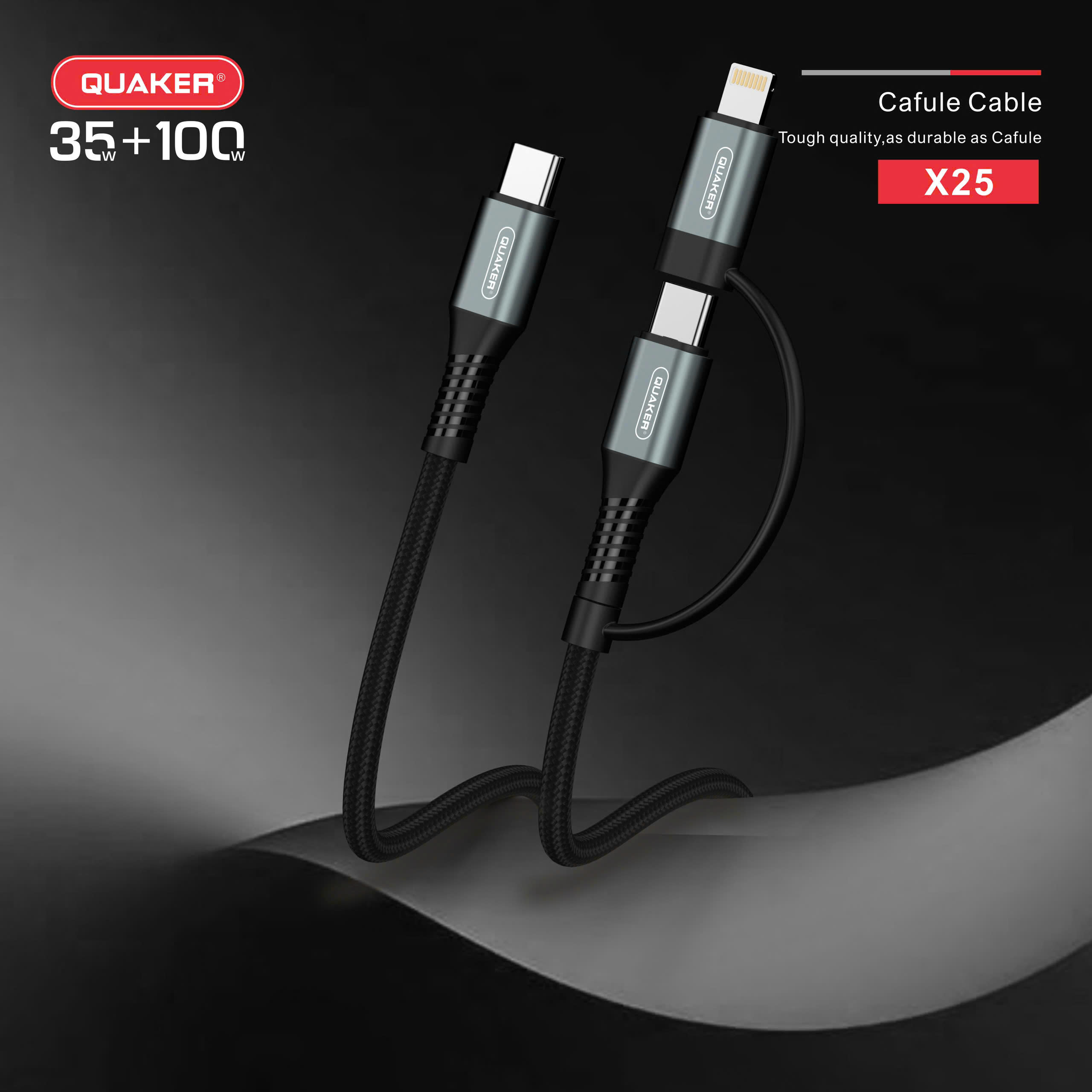 Cáp Sạc Nhanh Quaker X25 – 2 Đầu Lightning & Type-C | 35W + 100W | Dài 1.2M | Dây Dù Bền Bỉ – Sạc Đa Thiết Bị