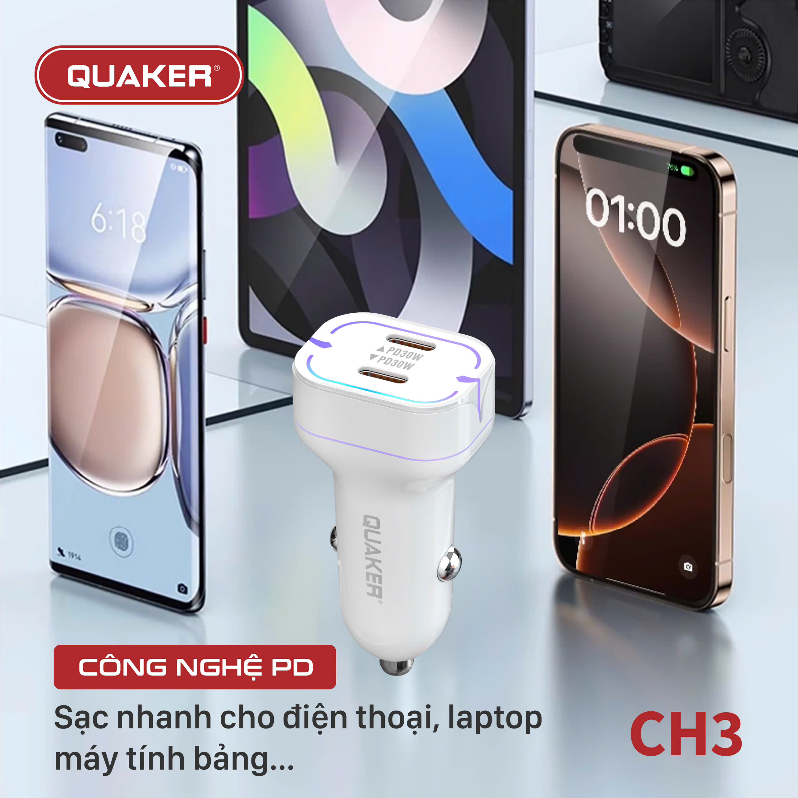 Sạc Xe Hơi Thông Minh Quaker CH3 – 2 Cổng Type-C, 60W