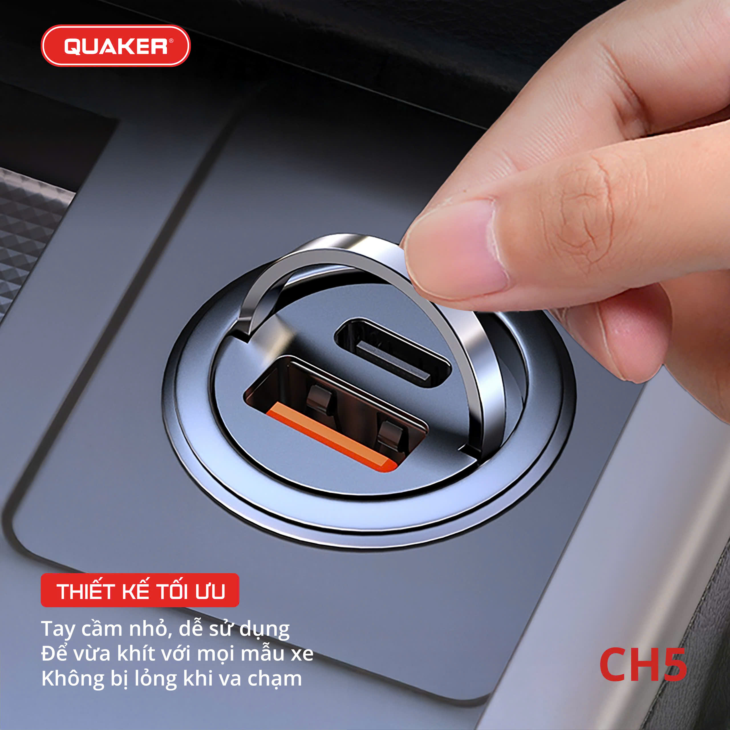 Quaker CH5 – Sạc Xe Hơi 2 Cổng 45W: Nhanh – An Toàn – Bền Bỉ