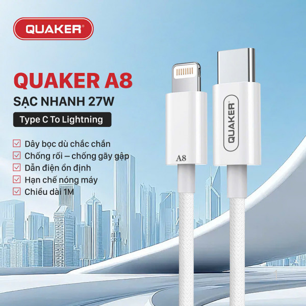 Cáp sạc Quaker A8 TypeC to Lightning - 27W