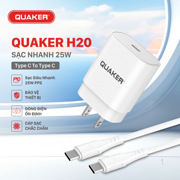 Bộ Sạc Nhanh Quaker H20 TypeC to TypeC H20 - 25W GaN & PPS