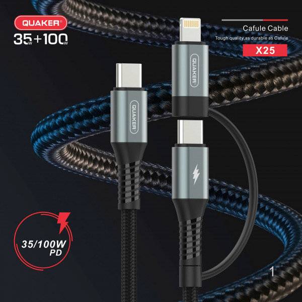 Cáp Sạc Nhanh Quaker X25 2 Đầu Type-C 100W & Lightning 35W