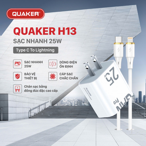Bộ Sạc Nhanh Quaker H13 Type-C To Lightning - 25W PD/QC GaN