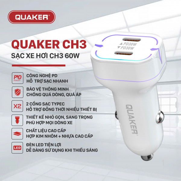 Tẩu Sạc Xe Hơi Thông Minh Quaker CH3 2 Cổng Type-C - 60W