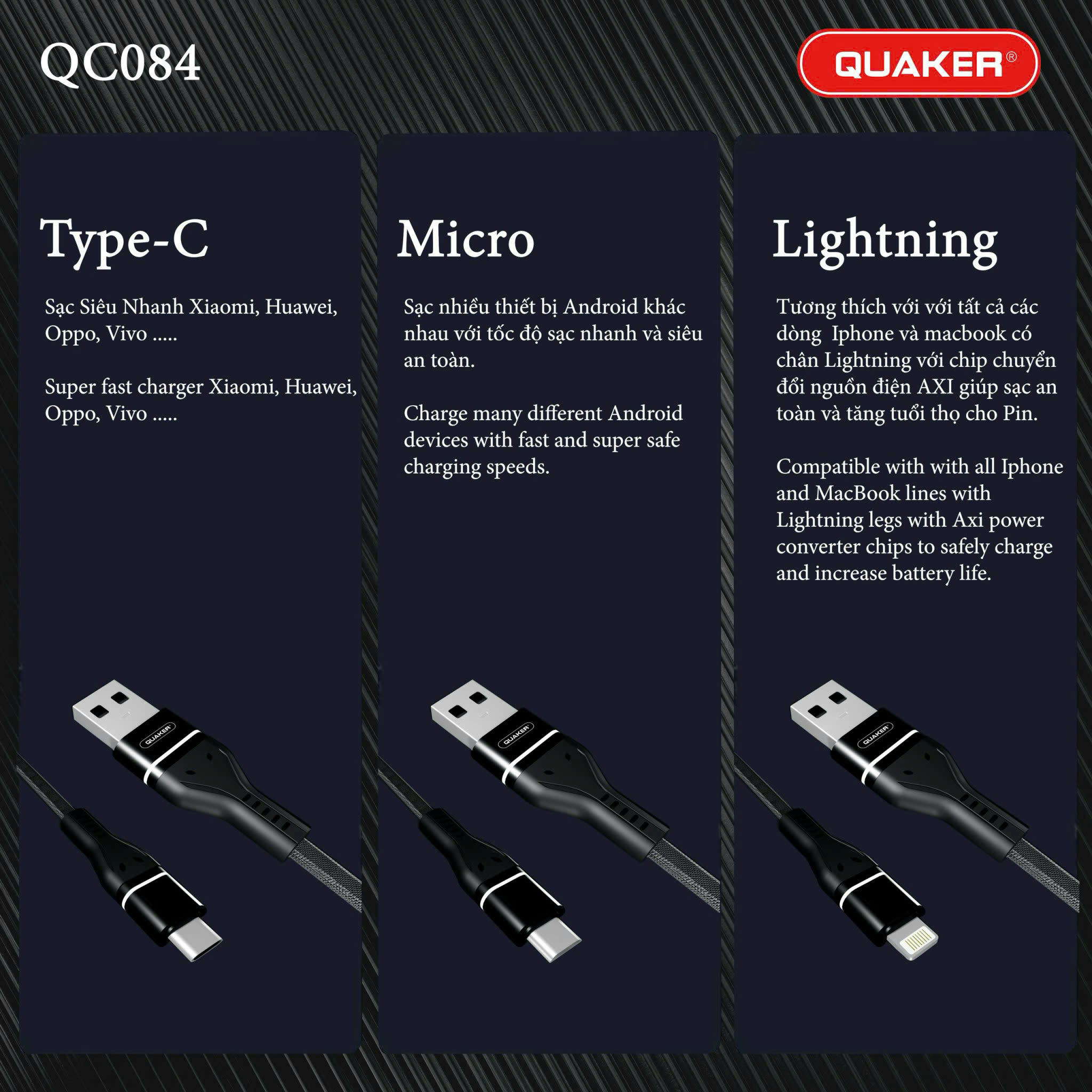 Cáp Sạc Dù Dẹt Quaker QC-084 1M – Sạc Nhanh 3.1A | Đa Dạng Cổng Sạc