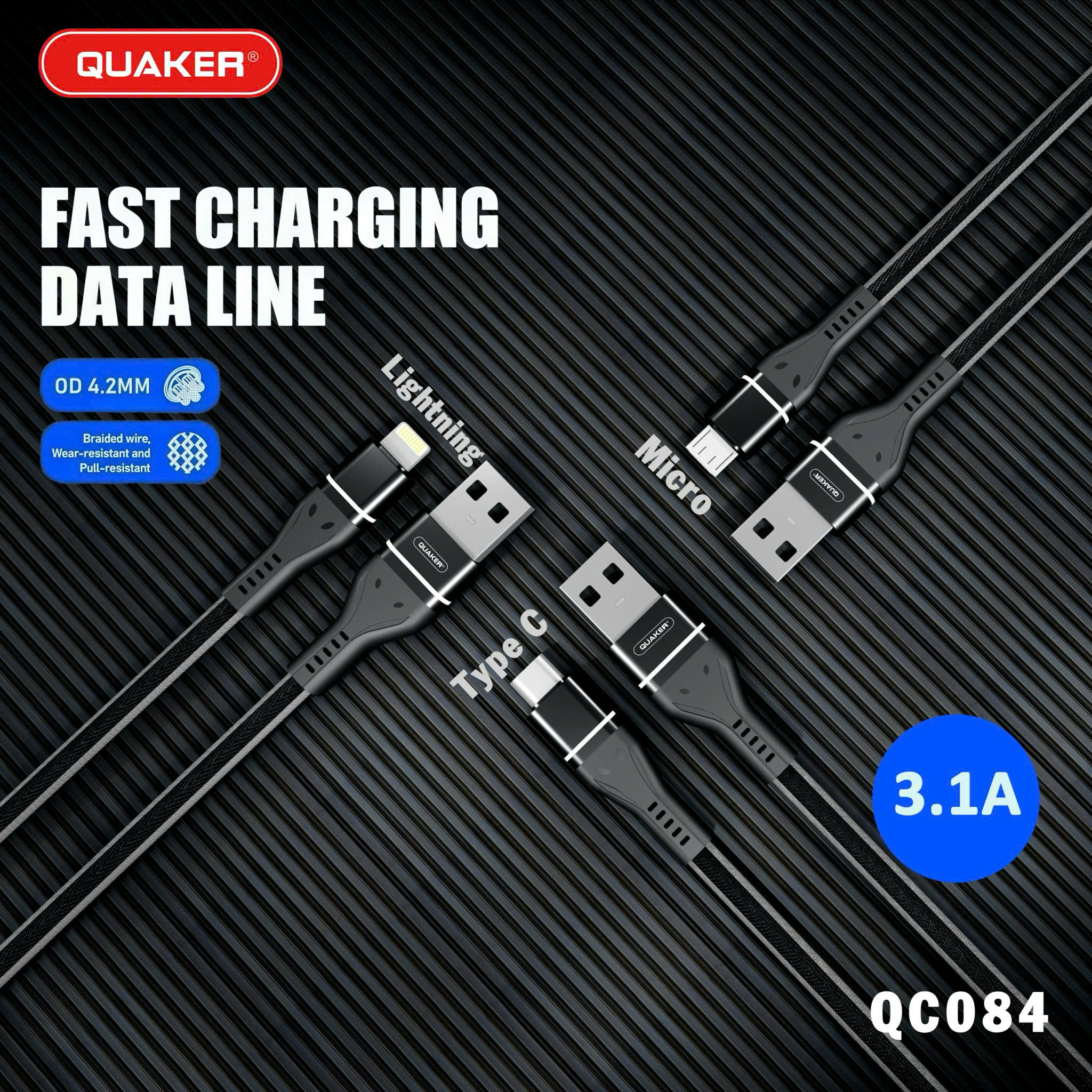 Cáp Sạc Dù Dẹt Quaker QC-084 1M – Sạc Nhanh 3.1A | Đa Dạng Cổng Sạc