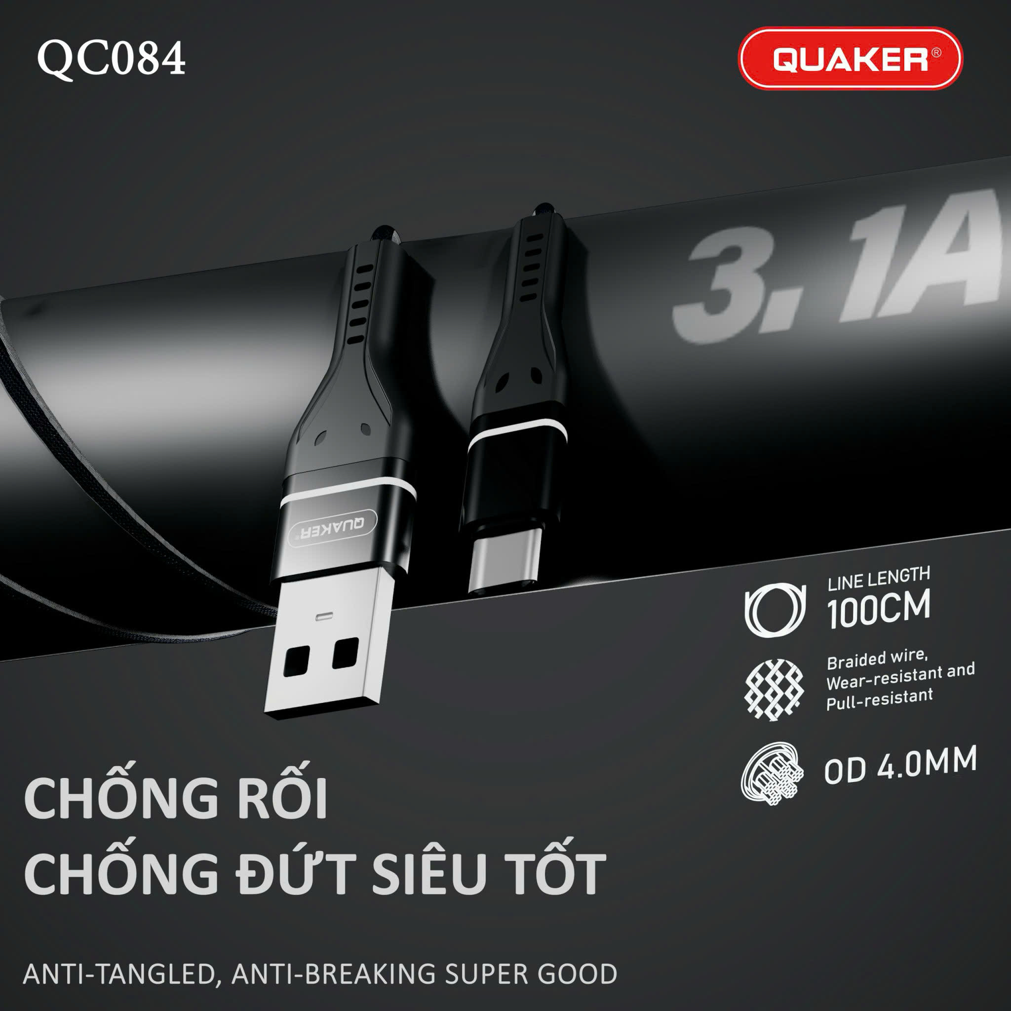 Cáp Sạc Dù Dẹt Quaker QC-084 1M – Sạc Nhanh 3.1A | Đa Dạng Cổng Sạc