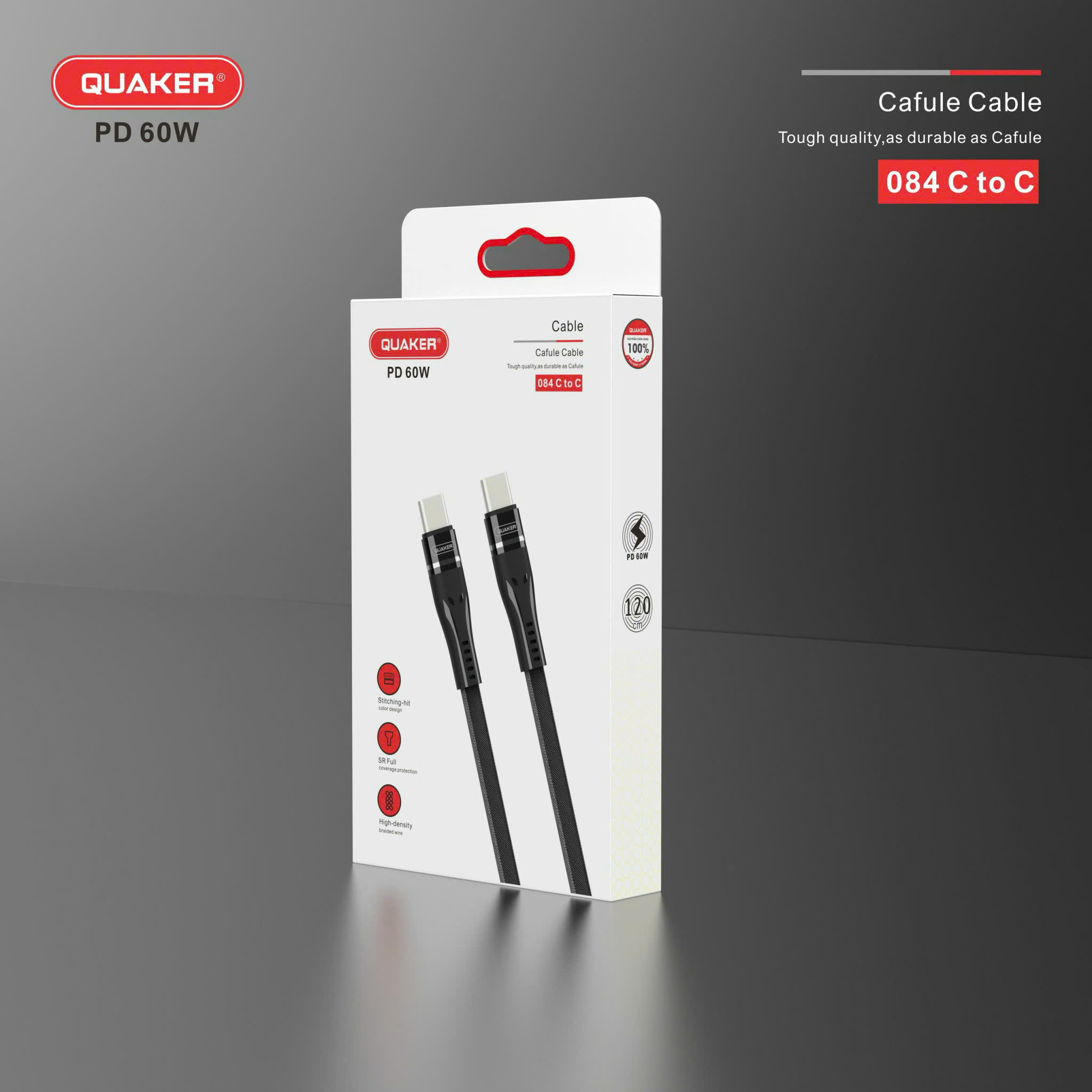Cáp Sạc Dù Dẹt Quaker 084 Type-C to Type-C – Sạc Nhanh 60W | Dài 1.2M | Siêu Bền