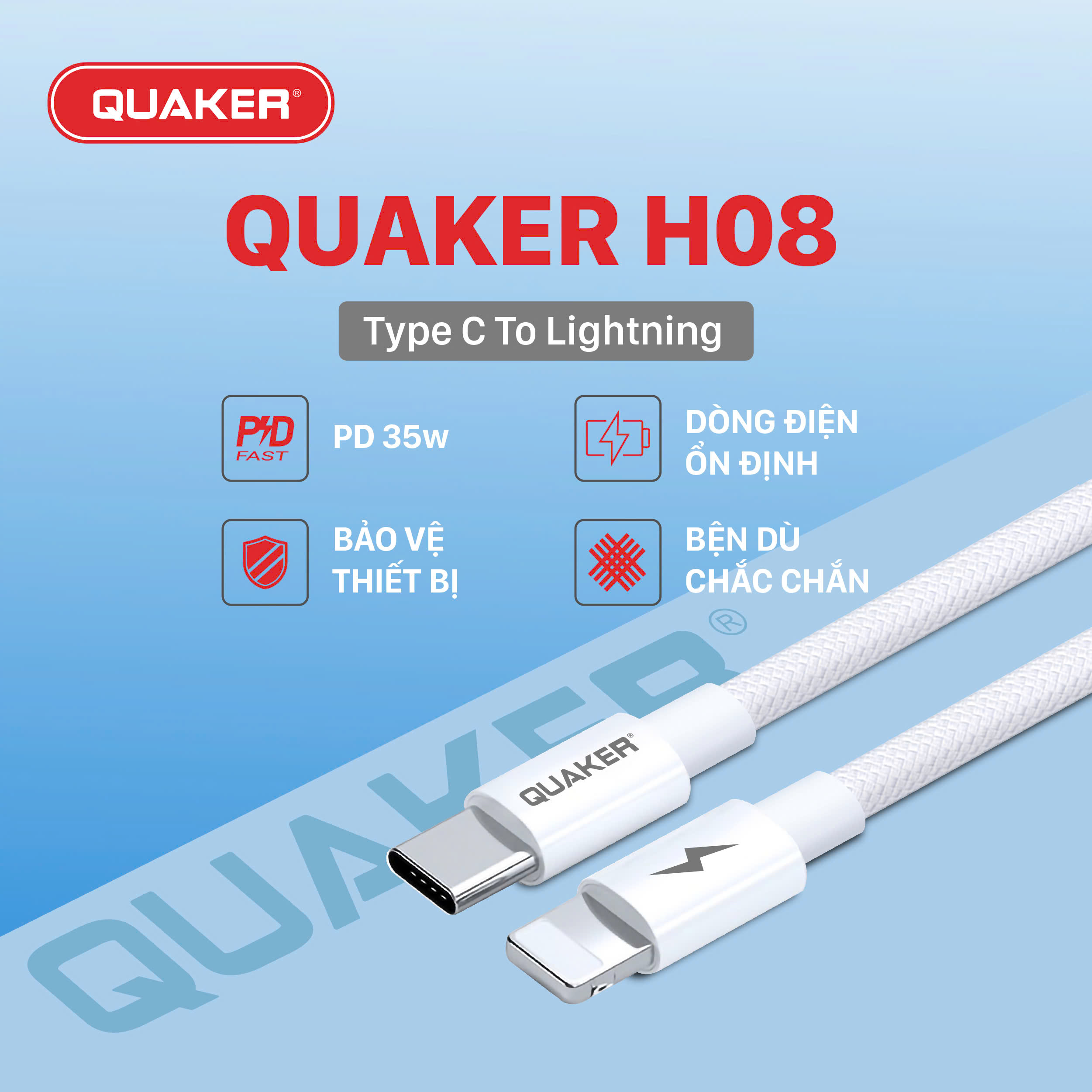 Cáp Sạc Nhanh Quaker H08 – Type-C to Lightning | PD 35W | Dài 1.5M | Dây Dù Siêu Bền