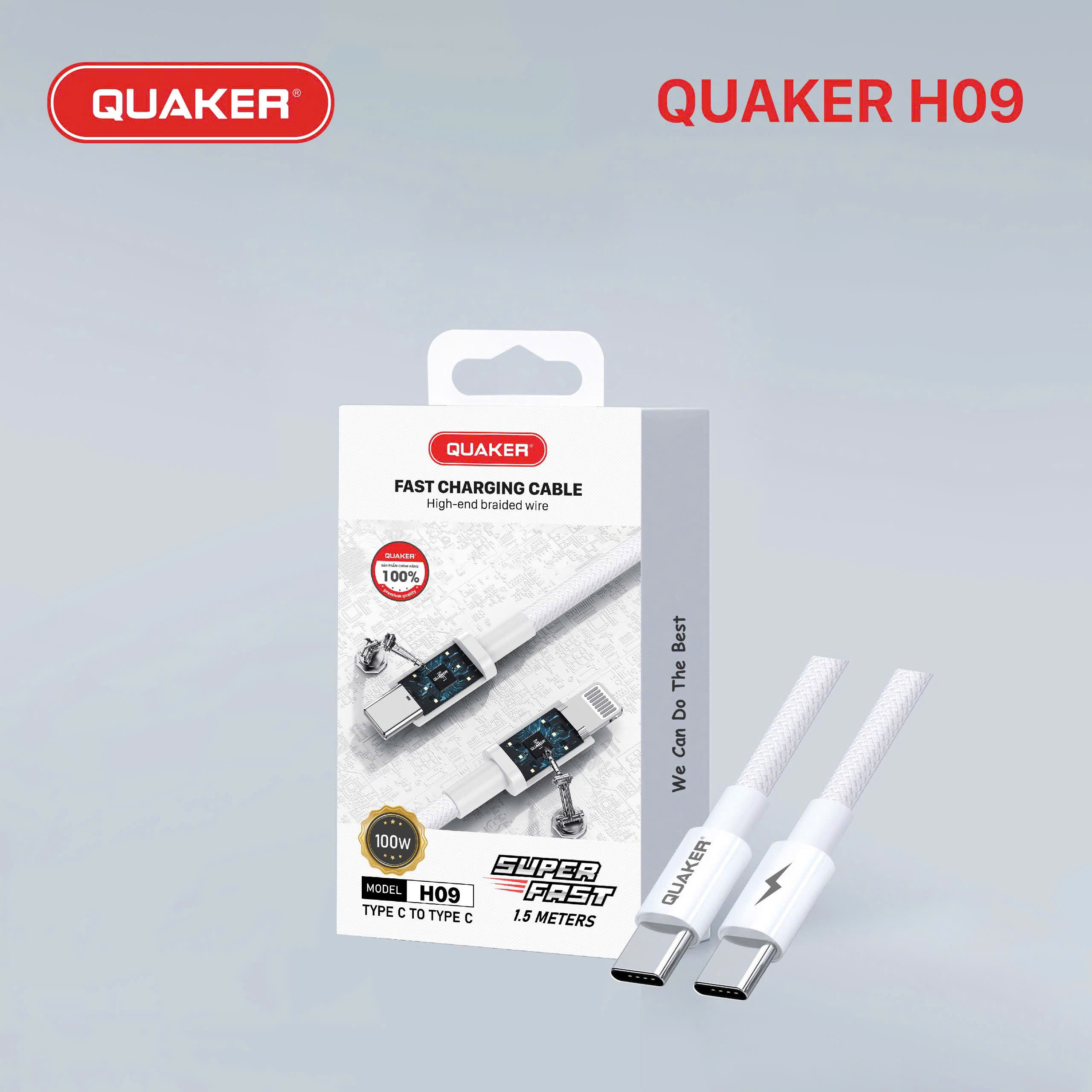 Cáp Sạc Nhanh Quaker H09 – Type-C to Type-C | Công Suất 100W | Dài 1.5M | Siêu Bền – Sạc Đa Thiết Bị