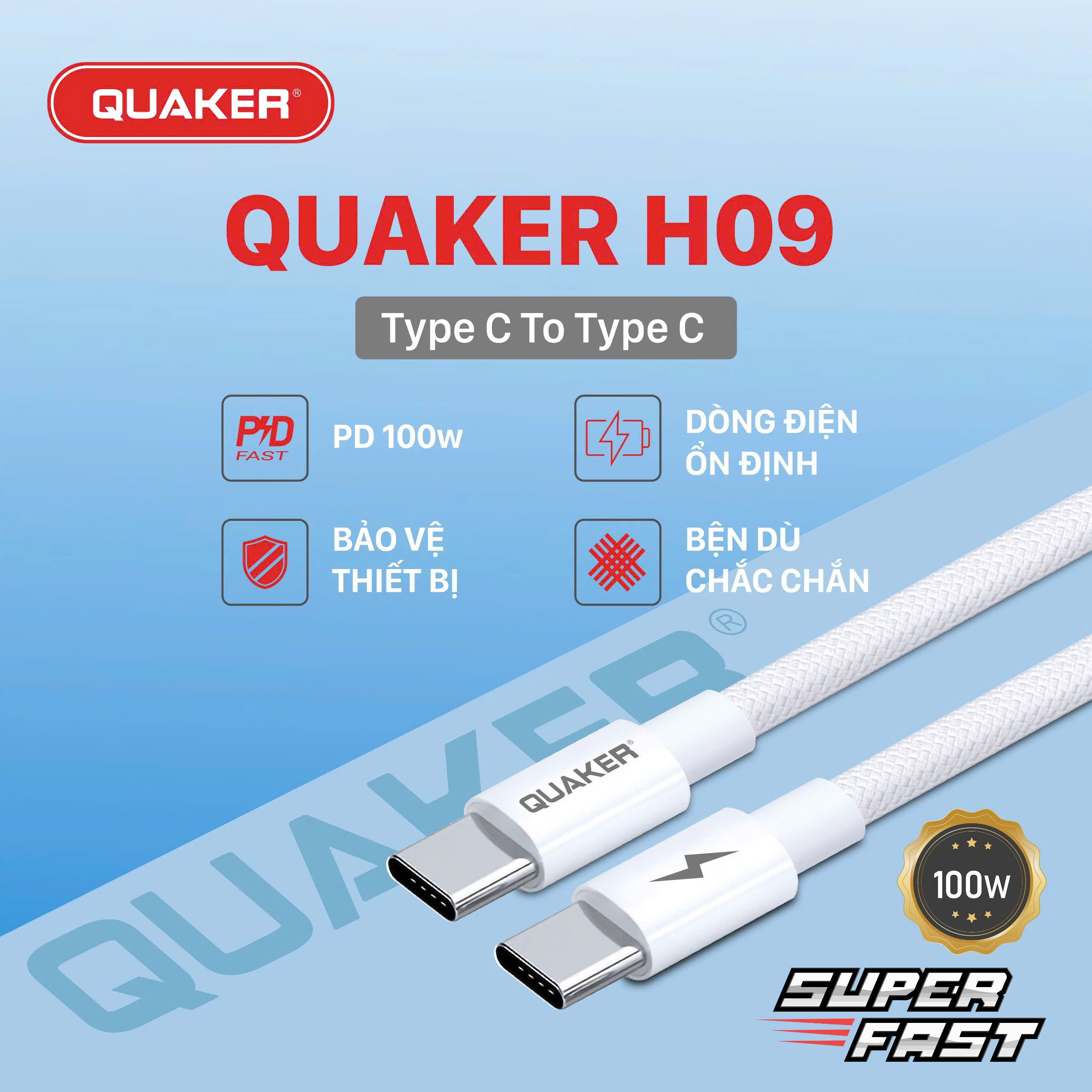 Cáp Sạc Nhanh Quaker H09 – Type-C to Type-C | Công Suất 100W | Dài 1.5M | Siêu Bền – Sạc Đa Thiết Bị