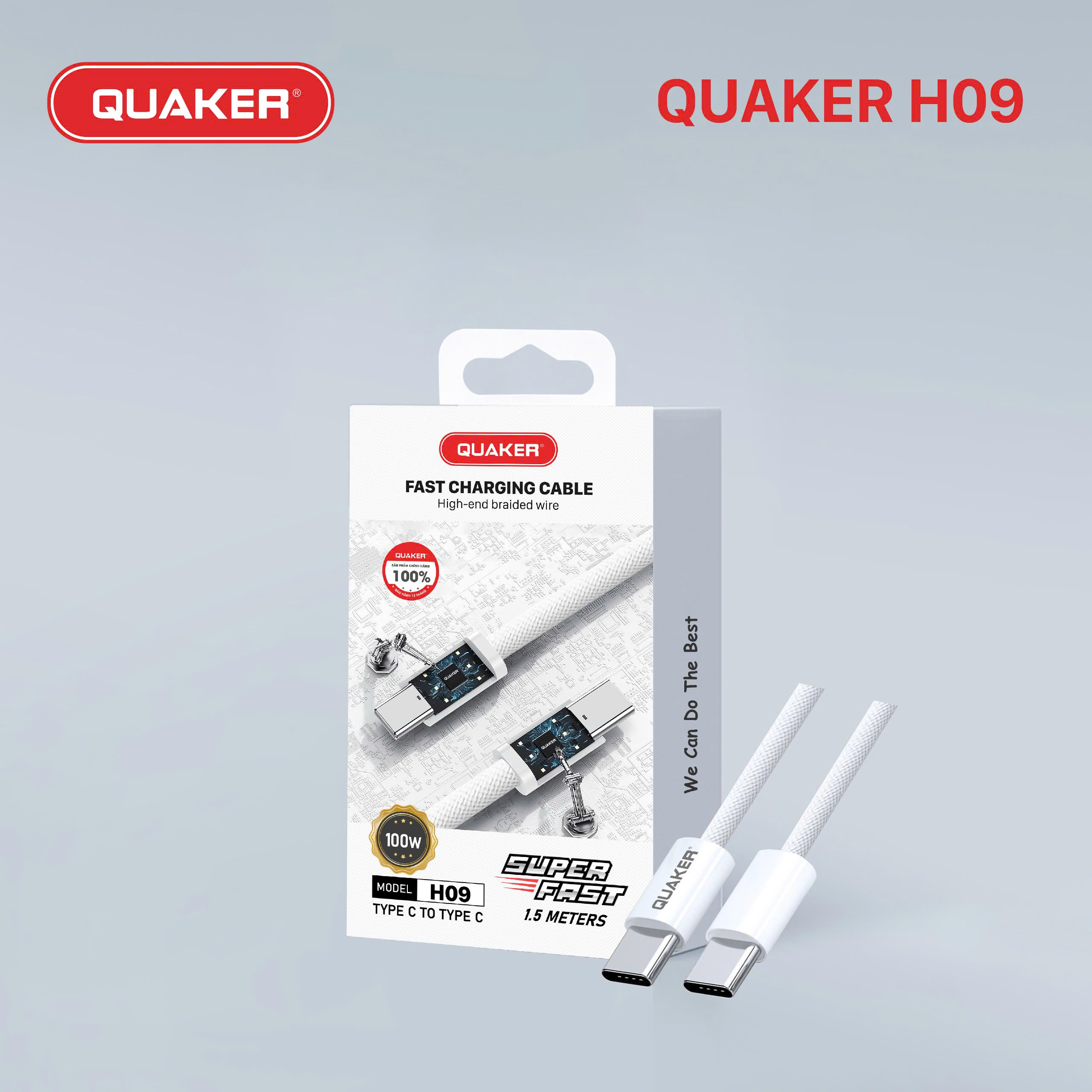 Cáp Sạc Nhanh Quaker H09 – Type-C to Type-C | Công Suất 100W | Dài 1.5M | Siêu Bền – Sạc Đa Thiết Bị