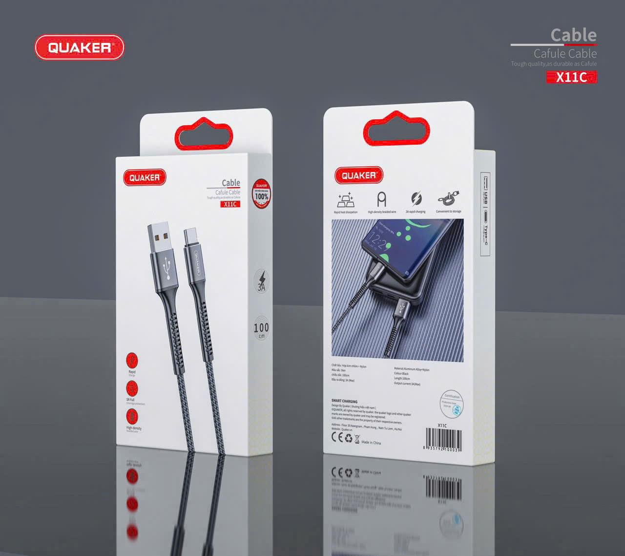 Cáp Sạc Dù Quaker X11 – Sạc Nhanh 3A | Dây Dù Siêu Bền | Dài 1M