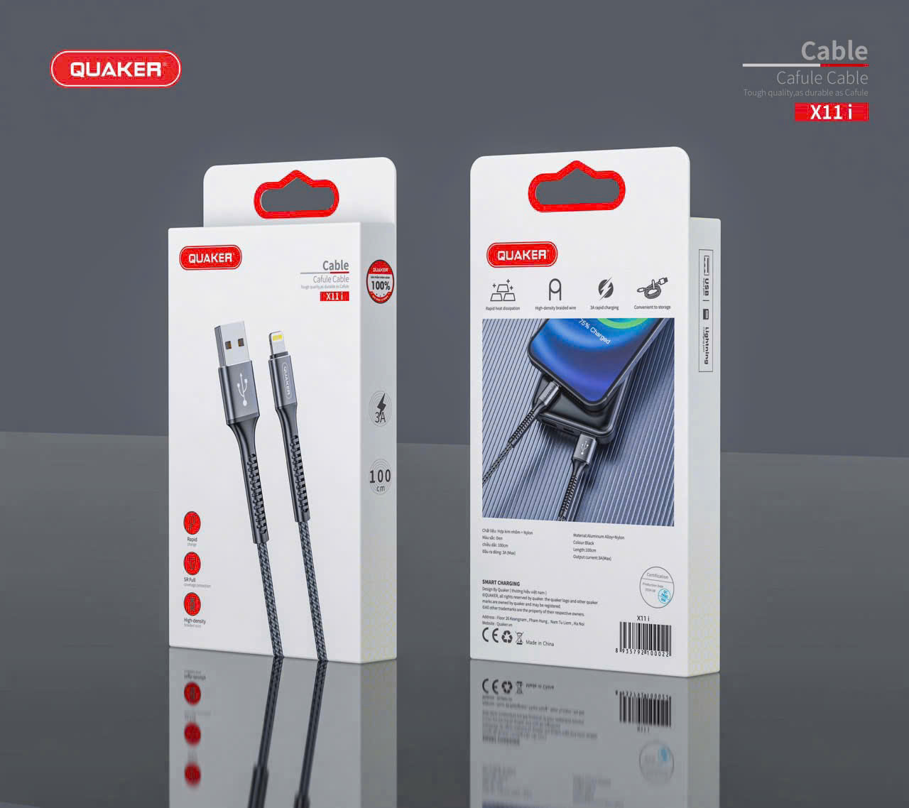 Cáp Sạc Dù Quaker X11 – Sạc Nhanh 3A | Dây Dù Siêu Bền | Dài 1M