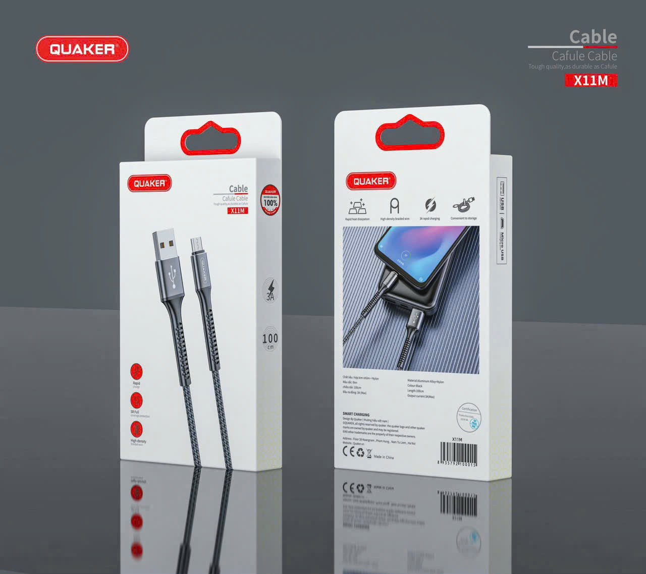 Cáp Sạc Dù Quaker X11 – Sạc Nhanh 3A | Dây Dù Siêu Bền | Dài 1M