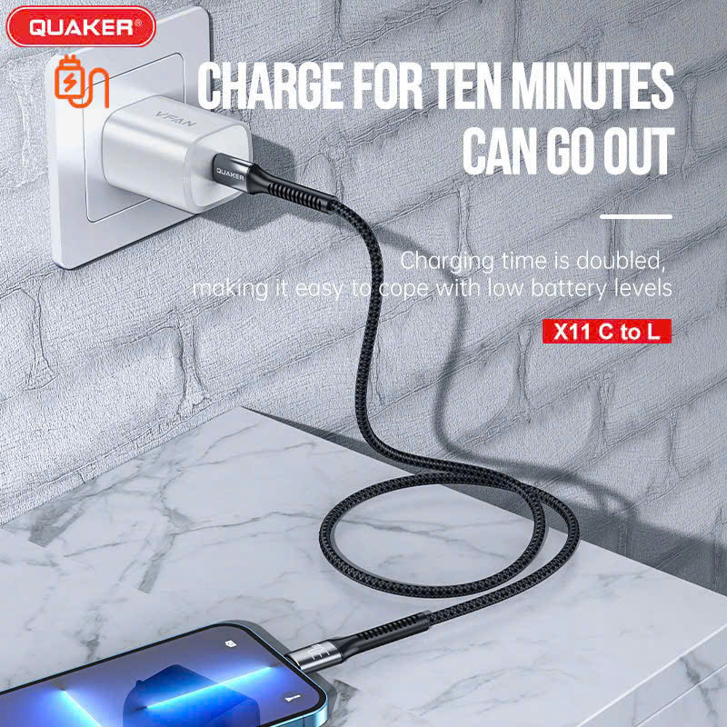 Cáp Sạc Dù Dẹt Quaker X11 Type-C to Lightning – Sạc Nhanh 30W | Dài 1M | Siêu Bền – Truyền Dữ Liệu Ổn Định