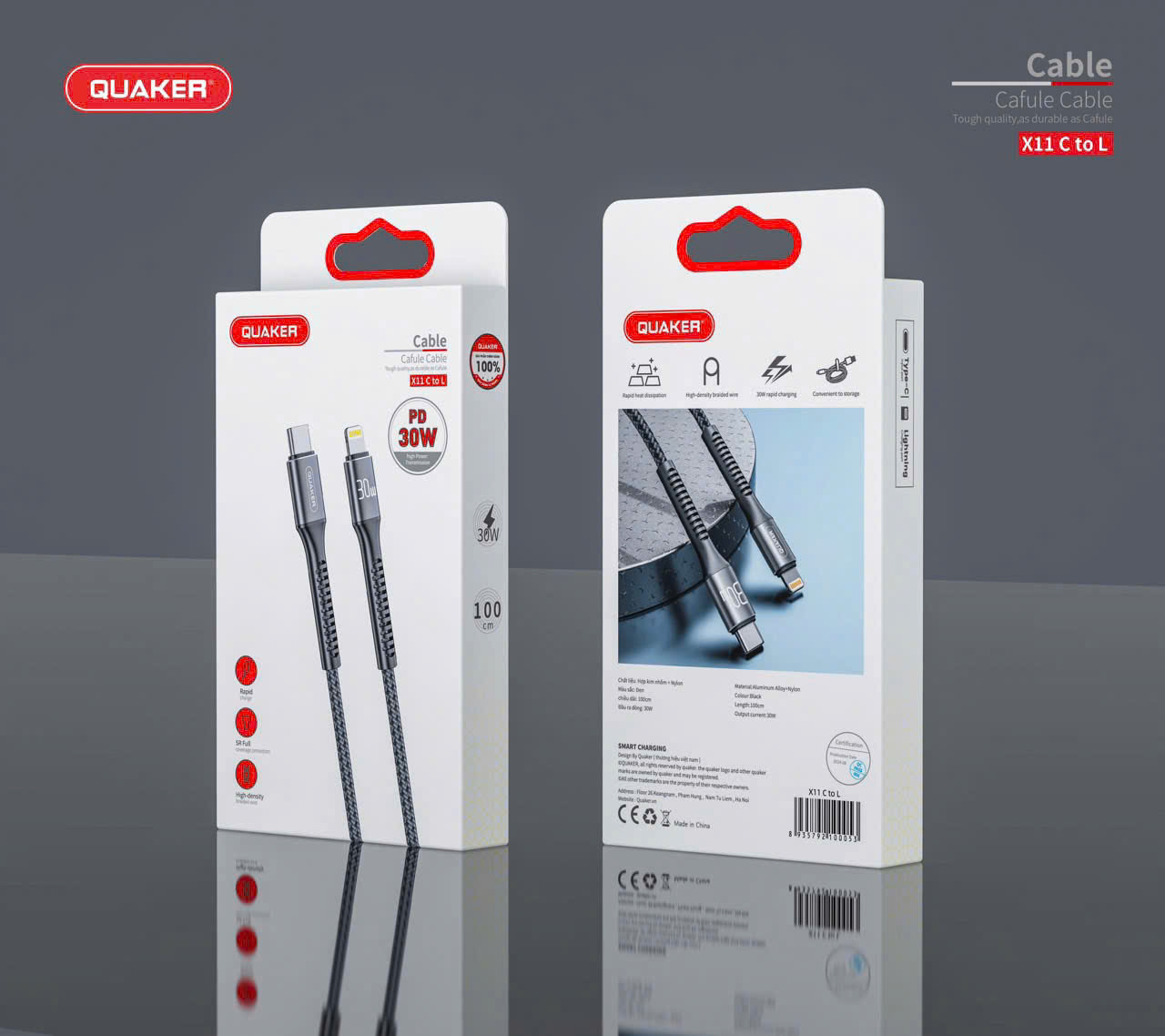 Cáp Sạc Dù Dẹt Quaker X11 Type-C to Lightning – Sạc Nhanh 30W | Dài 1M | Siêu Bền – Truyền Dữ Liệu Ổn Định