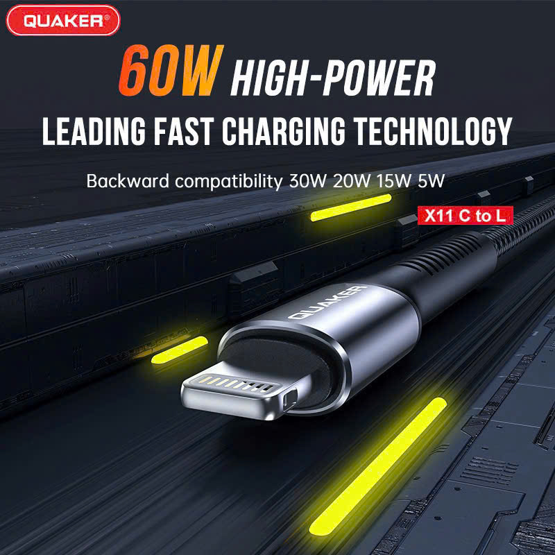 Cáp Sạc Dù Dẹt Quaker X11 Type-C to Lightning – Sạc Nhanh 30W | Dài 1M | Siêu Bền – Truyền Dữ Liệu Ổn Định