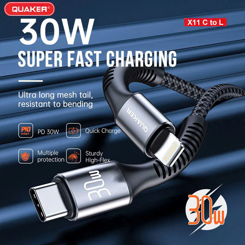Cáp Sạc Dù Dẹt Quaker X11 Type-C to Lightning – Sạc Nhanh 30W | Dài 1M | Siêu Bền – Truyền Dữ Liệu Ổn Định