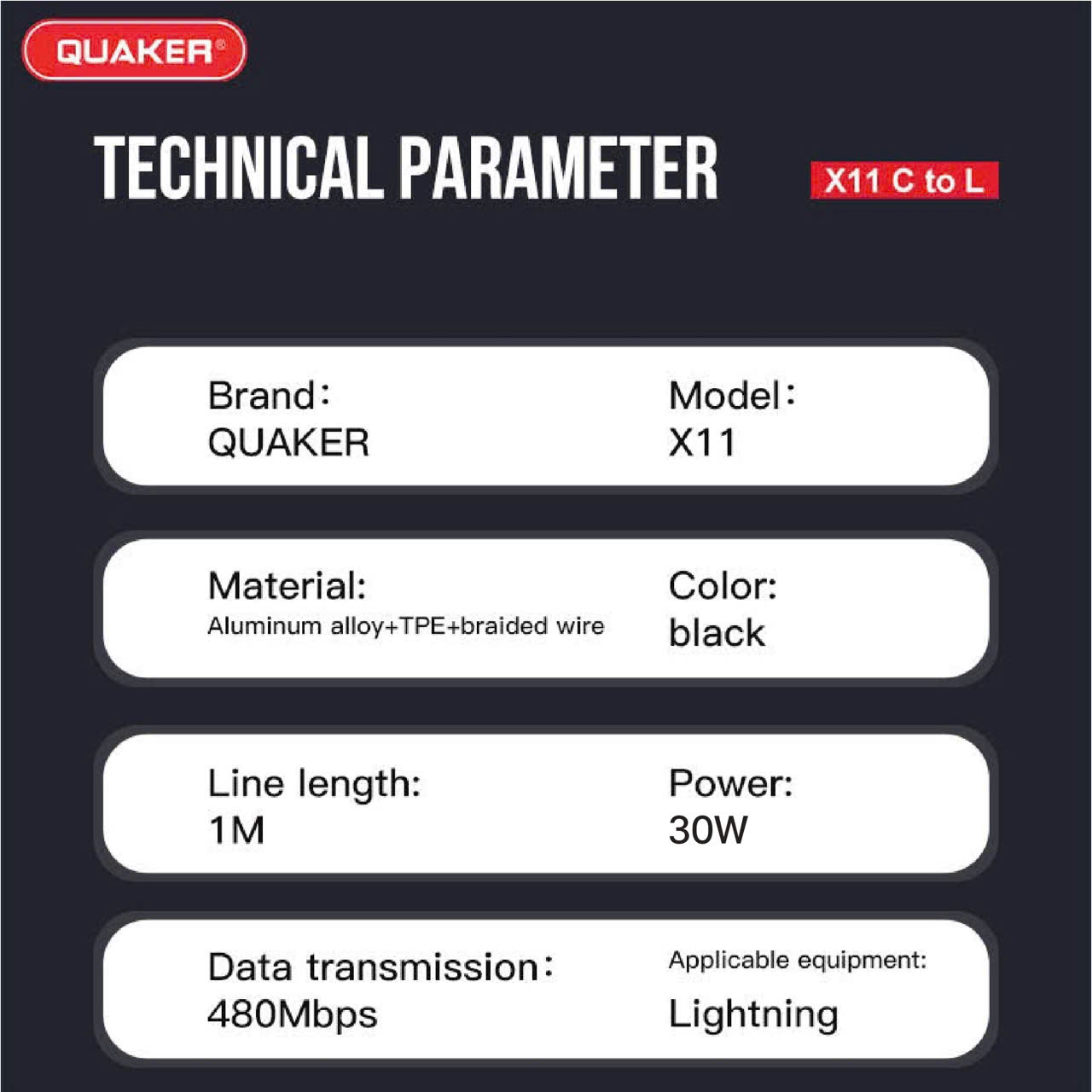 Cáp Sạc Dù Dẹt Quaker X11 Type-C to Lightning – Sạc Nhanh 30W | Dài 1M | Siêu Bền – Truyền Dữ Liệu Ổn Định