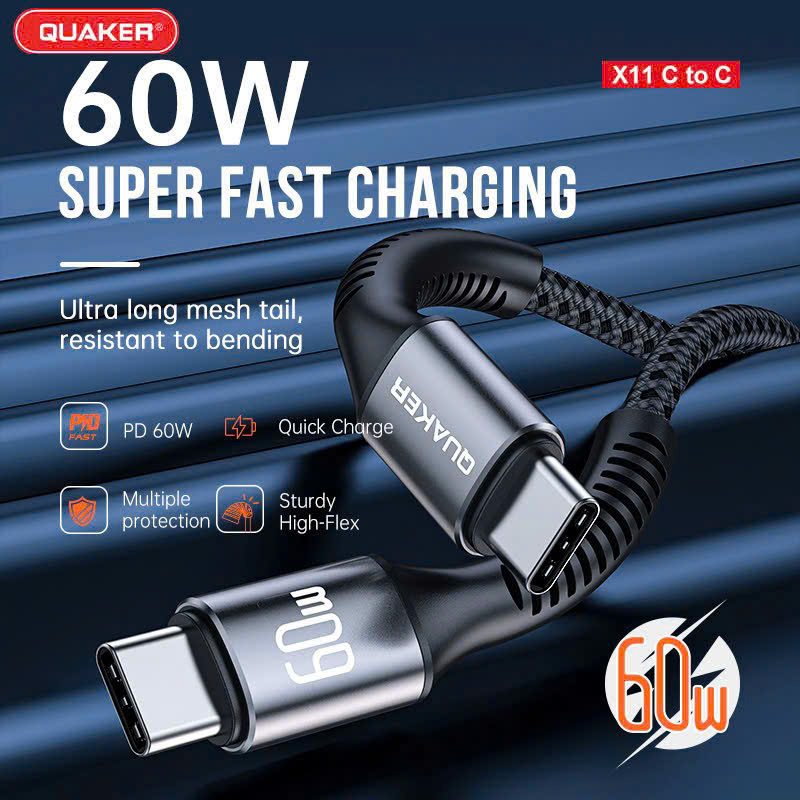Cáp Sạc Dù Dẹt Quaker X11 Type-C to Type-C – Sạc Nhanh 60W | Dài 1M | Bền Bỉ – Truyền Dữ Liệu Ổn Định