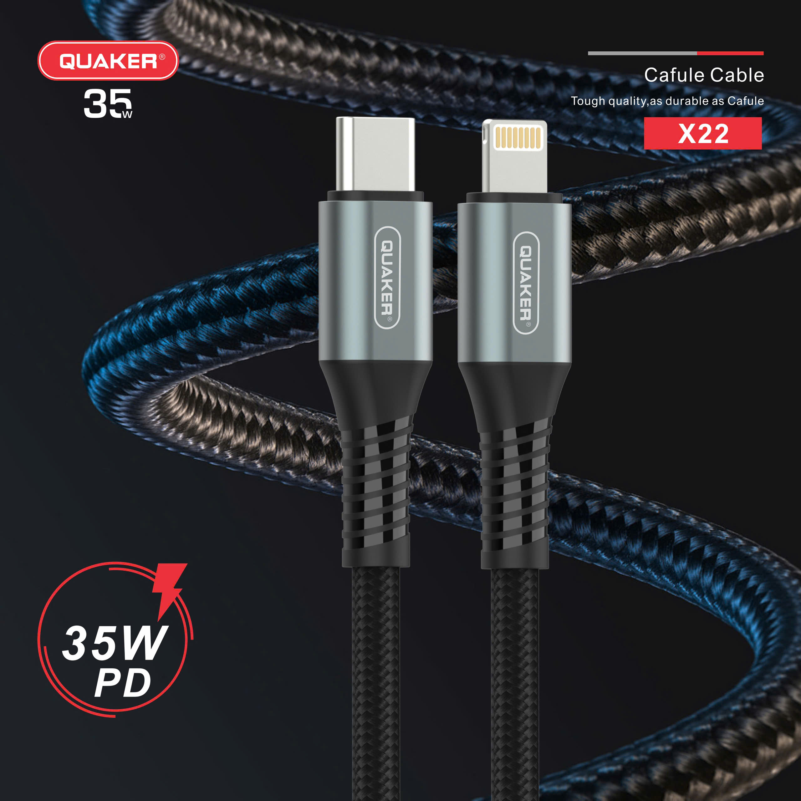 Cáp Sạc Nhanh Quaker X22 – Type-C to Lightning | 35W PD | Dài 1.2M | Siêu Bền – Truyền Dữ Liệu Ổn Định