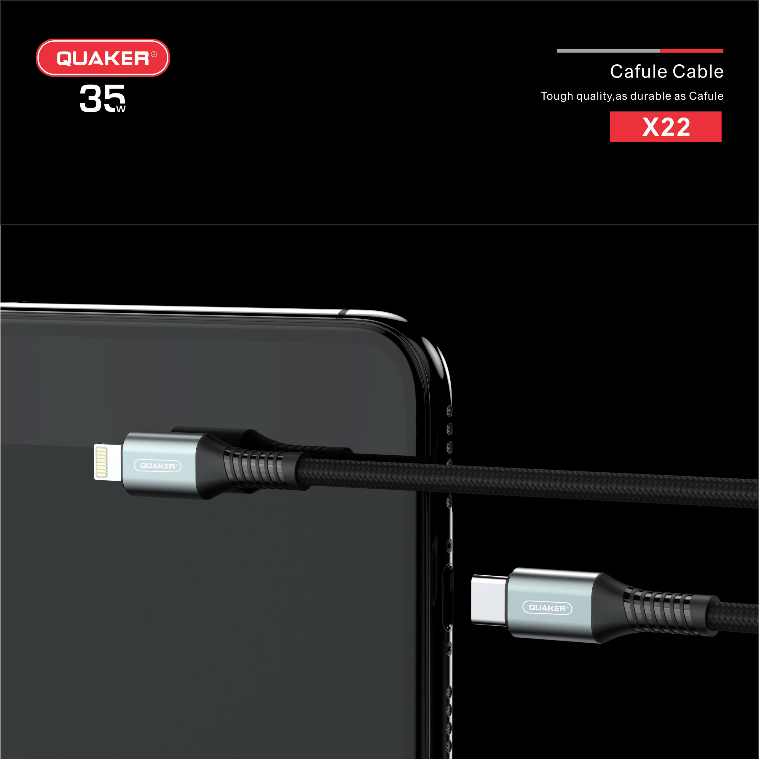 Cáp Sạc Nhanh Quaker X22 – Type-C to Lightning | 35W PD | Dài 1.2M | Siêu Bền – Truyền Dữ Liệu Ổn Định