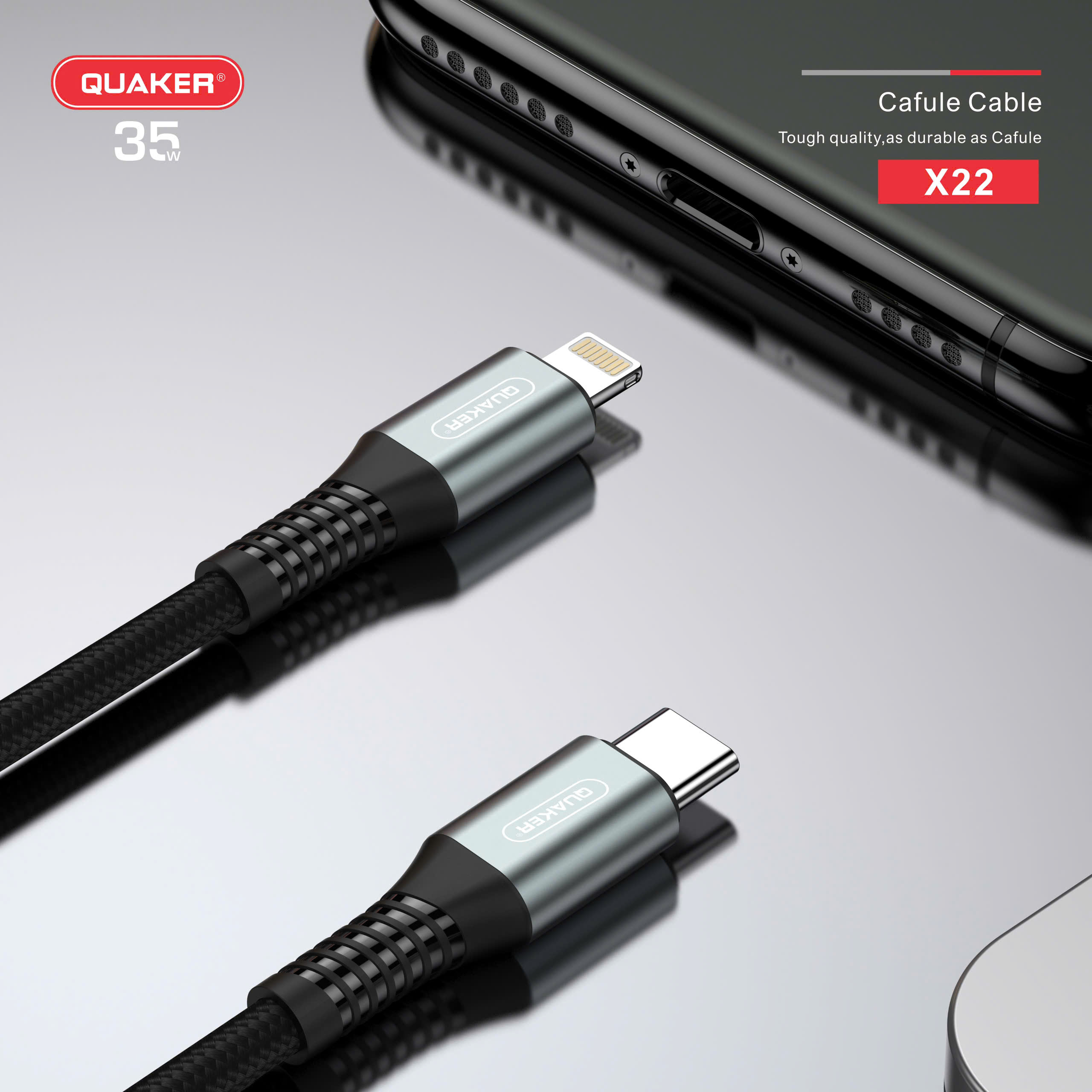 Cáp Sạc Nhanh Quaker X22 – Type-C to Lightning | 35W PD | Dài 1.2M | Siêu Bền – Truyền Dữ Liệu Ổn Định