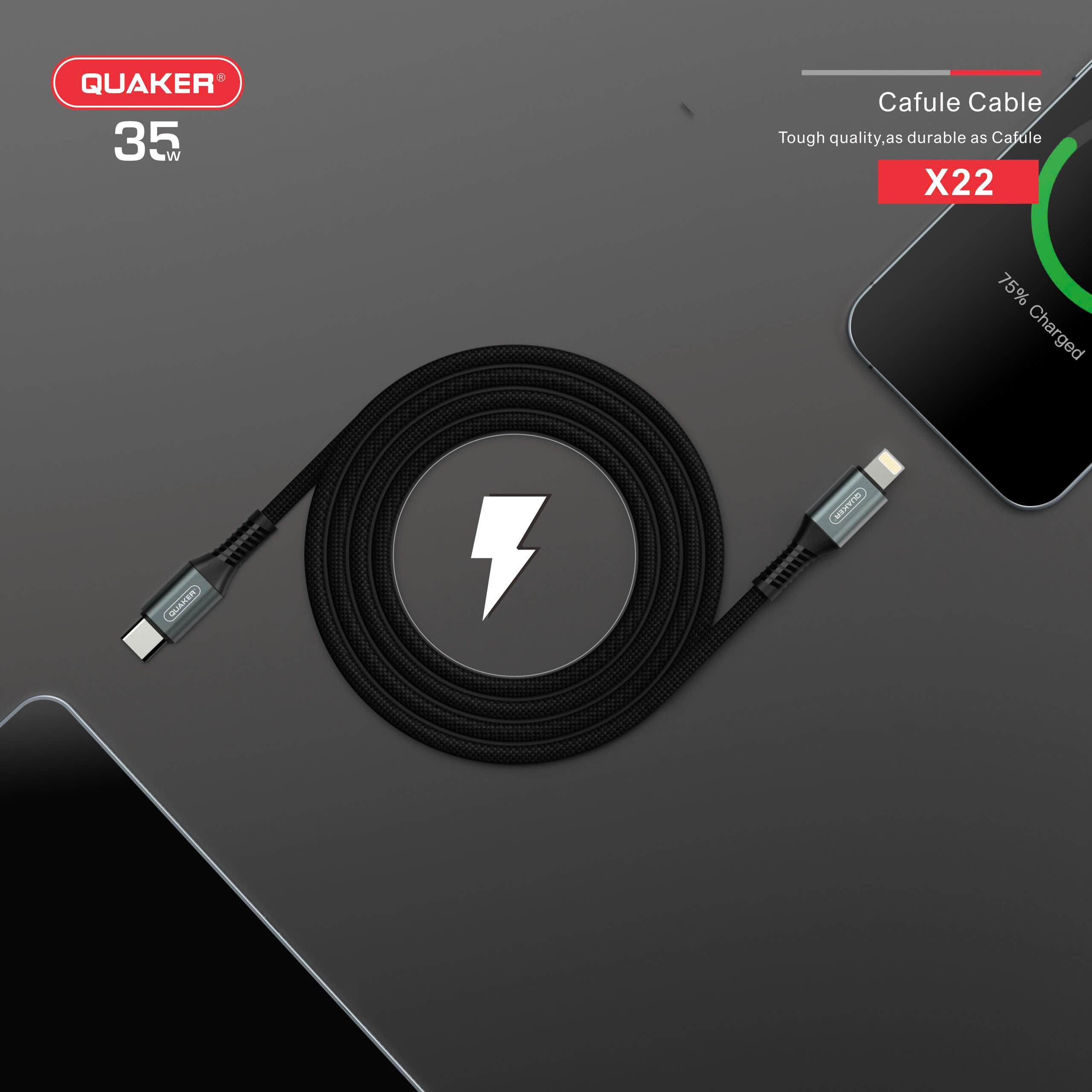 Cáp Sạc Nhanh Quaker X22 – Type-C to Lightning | 35W PD | Dài 1.2M | Siêu Bền – Truyền Dữ Liệu Ổn Định