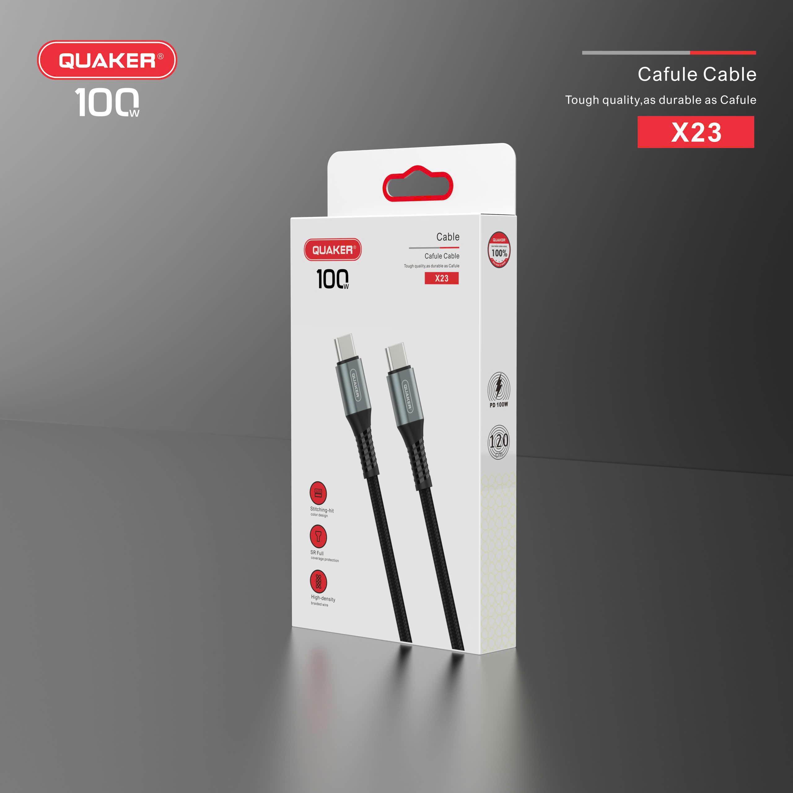 Cáp Sạc Nhanh Quaker X23 – Type-C to Type-C | 100W PD | Dài 1.2M | Dây Dù Siêu Bền – Truyền Dữ Liệu Ổn Định