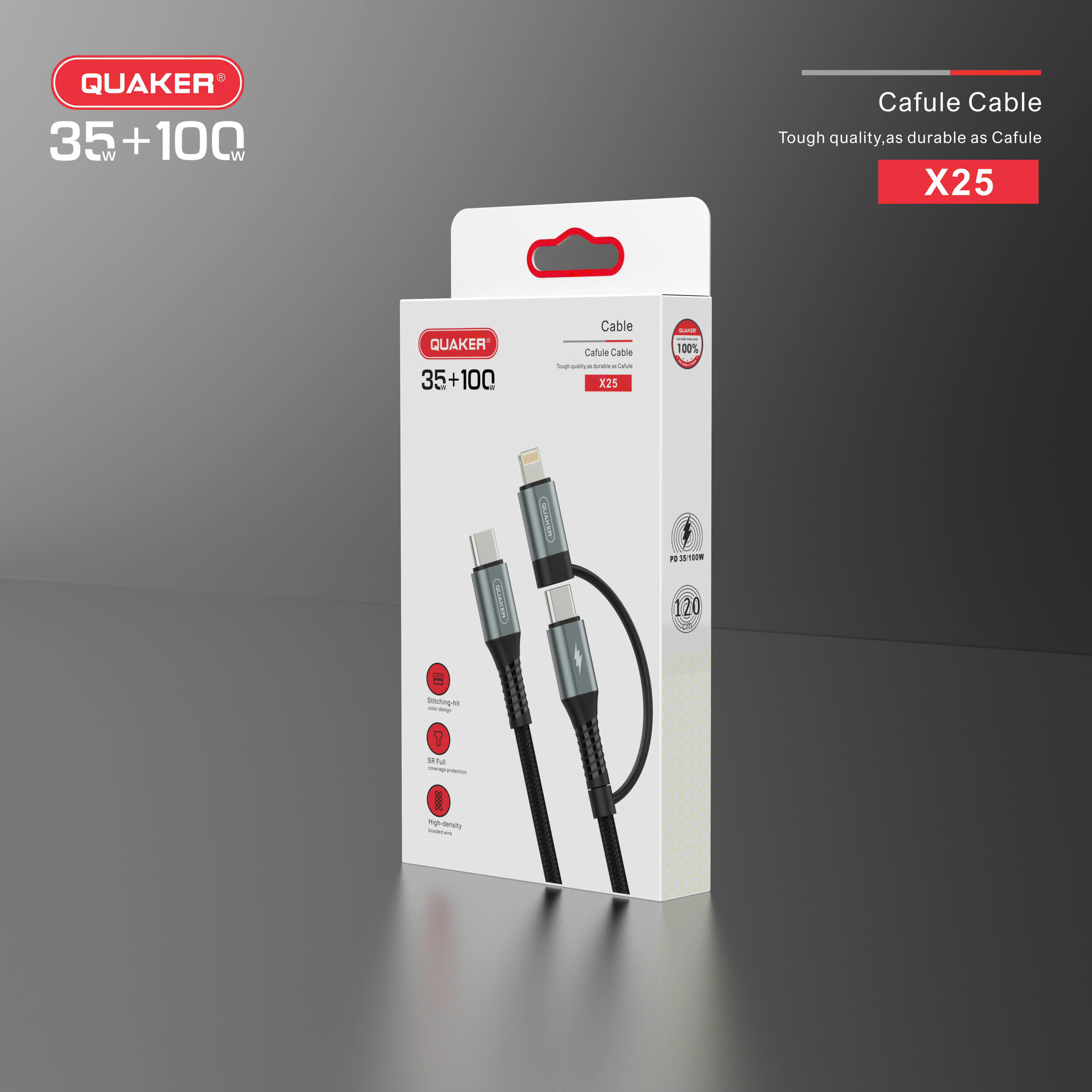Cáp Sạc Nhanh Quaker X25 – 2 Đầu Lightning & Type-C | 35W + 100W | Dài 1.2M | Dây Dù Bền Bỉ – Sạc Đa Thiết Bị