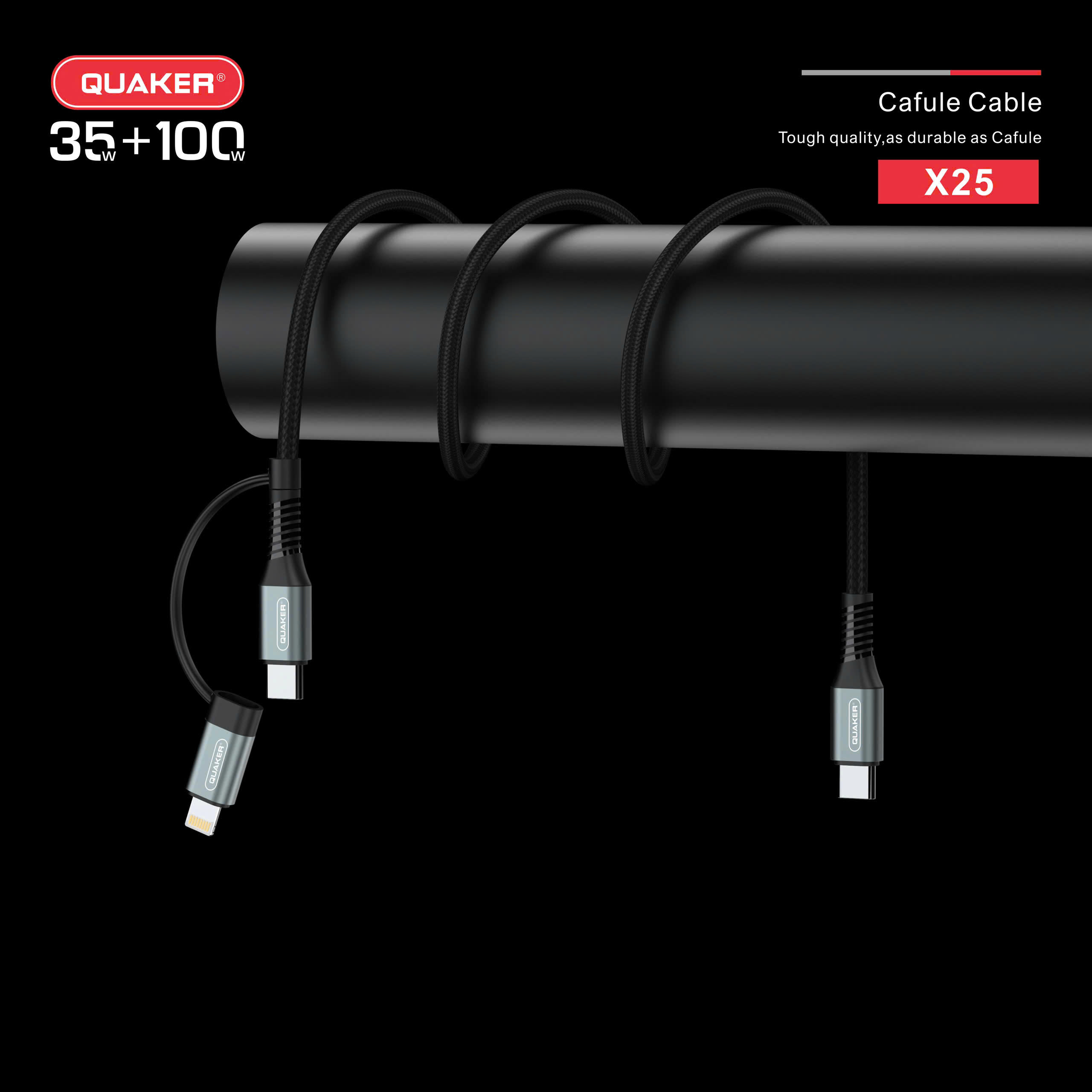 Cáp Sạc Nhanh Quaker X25 – 2 Đầu Lightning & Type-C | 35W + 100W | Dài 1.2M | Dây Dù Bền Bỉ – Sạc Đa Thiết Bị