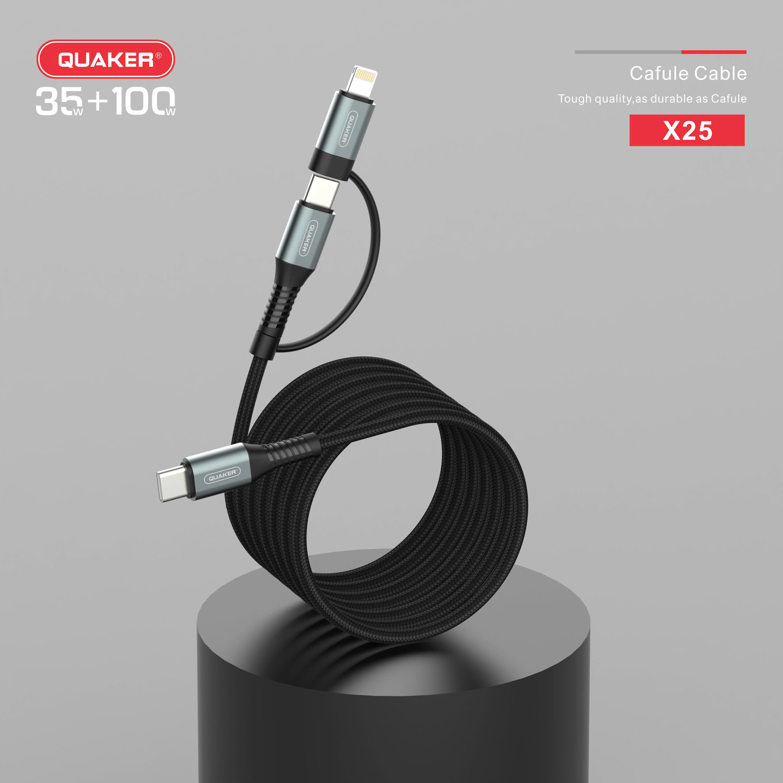 Cáp Sạc Nhanh Quaker X25 – 2 Đầu Lightning & Type-C | 35W + 100W | Dài 1.2M | Dây Dù Bền Bỉ – Sạc Đa Thiết Bị