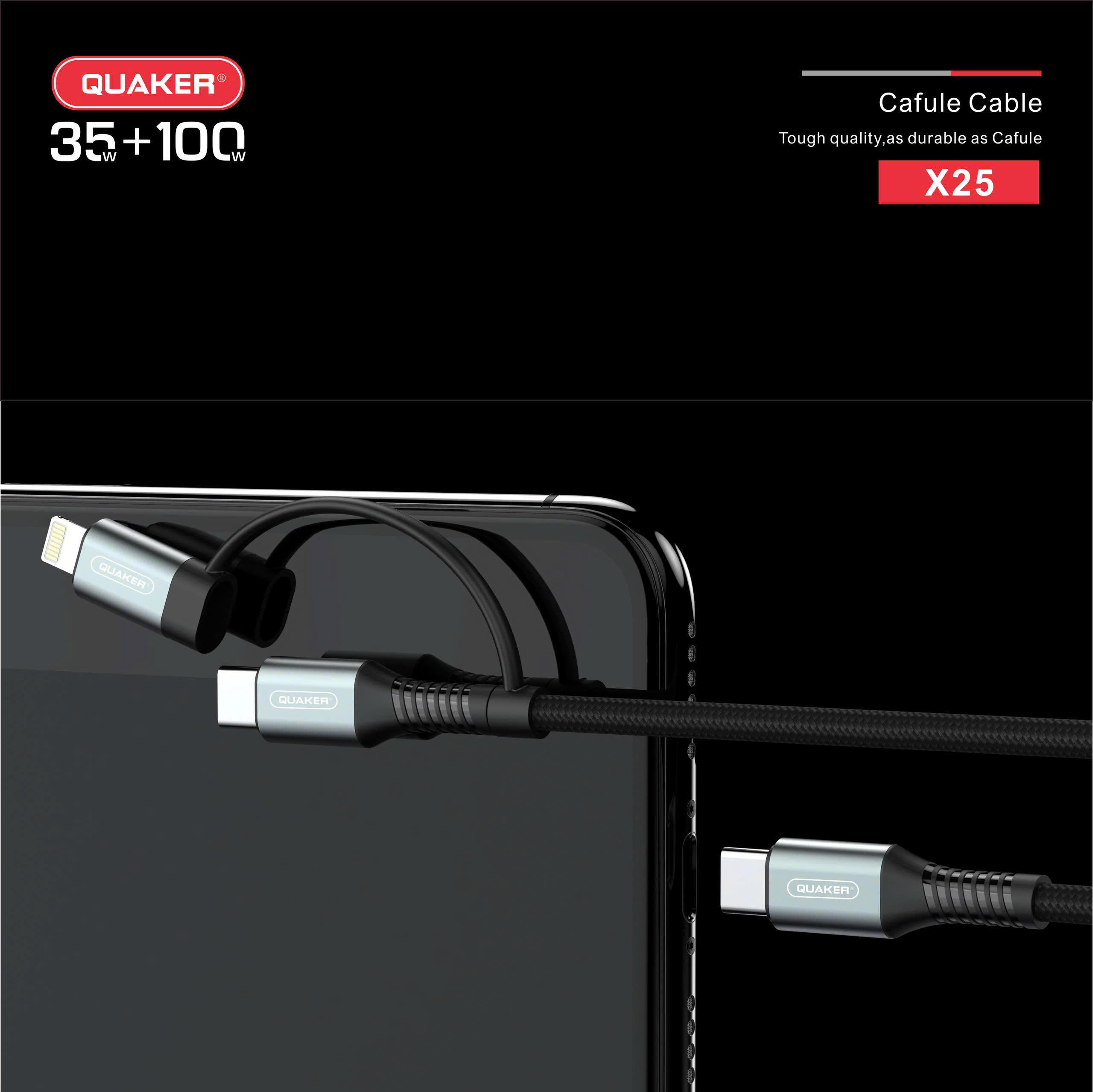 Cáp Sạc Nhanh Quaker X25 – 2 Đầu Lightning & Type-C | 35W + 100W | Dài 1.2M | Dây Dù Bền Bỉ – Sạc Đa Thiết Bị