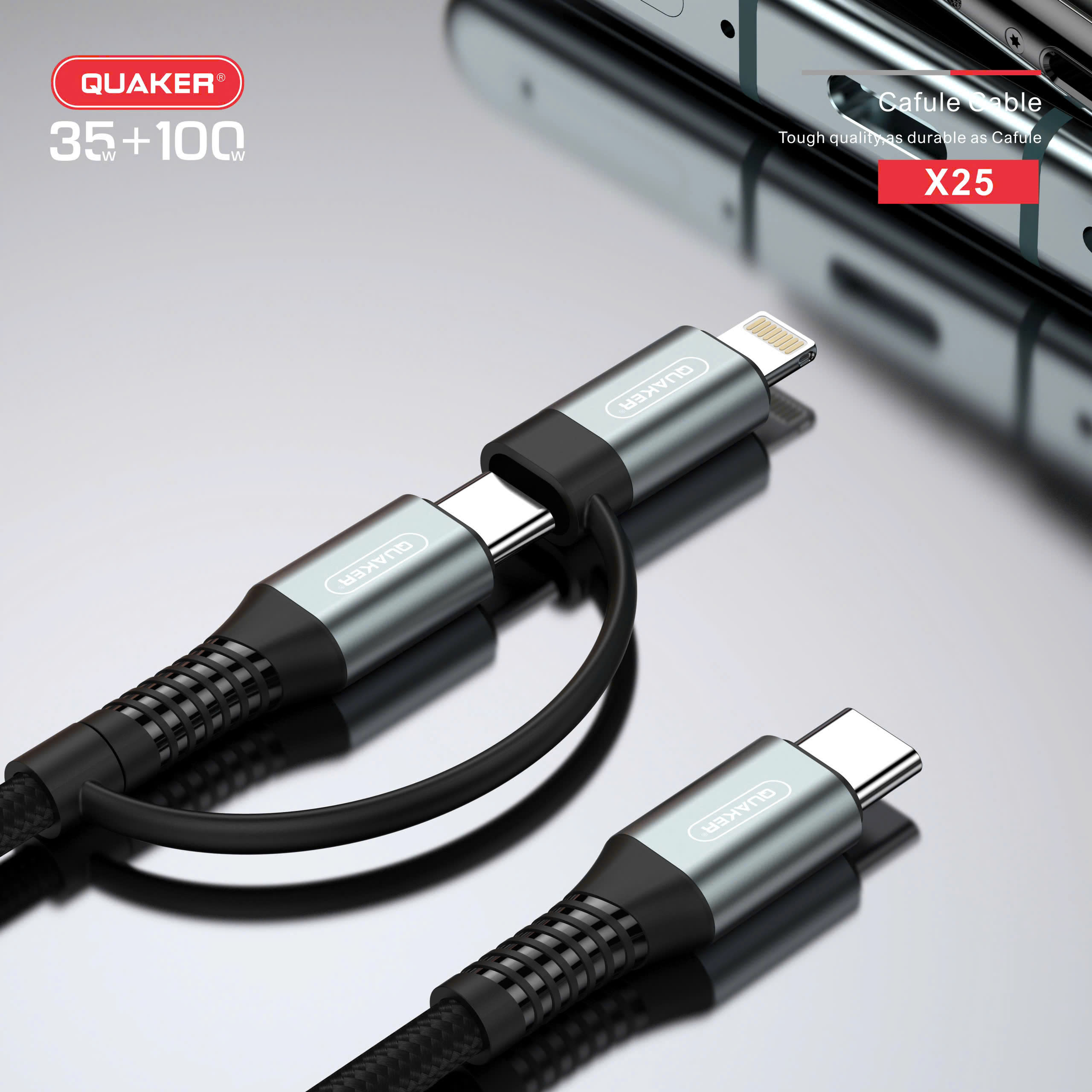 Cáp Sạc Nhanh Quaker X25 – 2 Đầu Lightning & Type-C | 35W + 100W | Dài 1.2M | Dây Dù Bền Bỉ – Sạc Đa Thiết Bị
