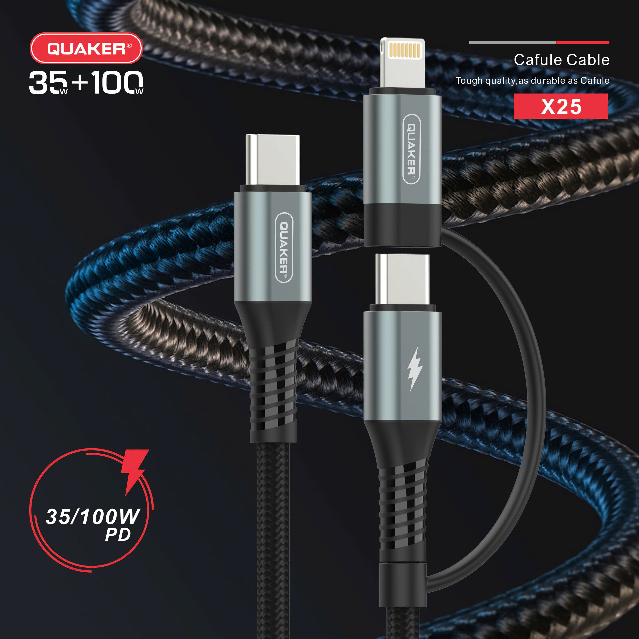 Cáp Sạc Nhanh Quaker X25 – 2 Đầu Lightning & Type-C | 35W + 100W | Dài 1.2M | Dây Dù Bền Bỉ – Sạc Đa Thiết Bị