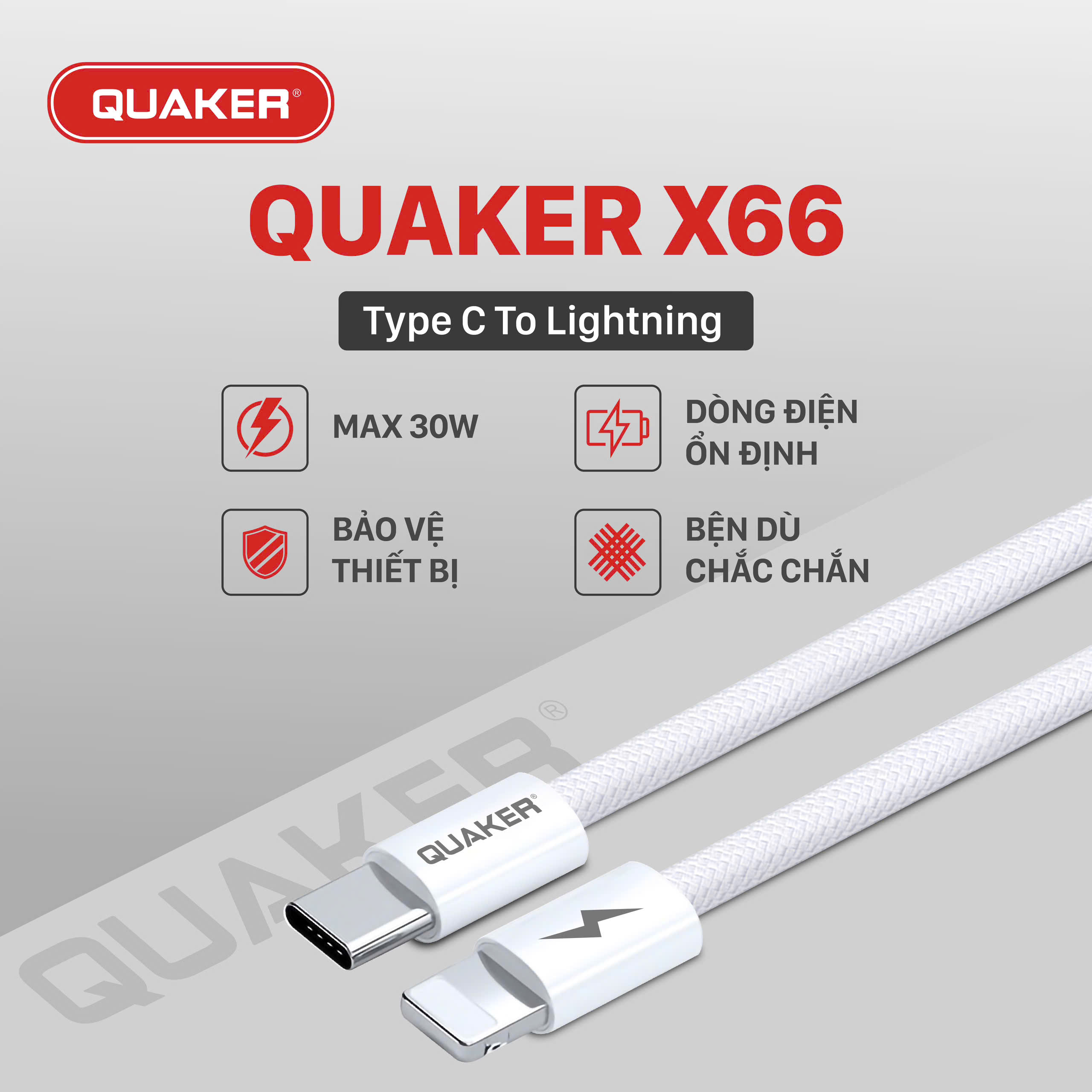 Cáp Sạc Dù Quaker X66 – Dài 1M | Lõi Đồng Tinh Khiết | Chip An Toàn | Kết Nối Ổn Định