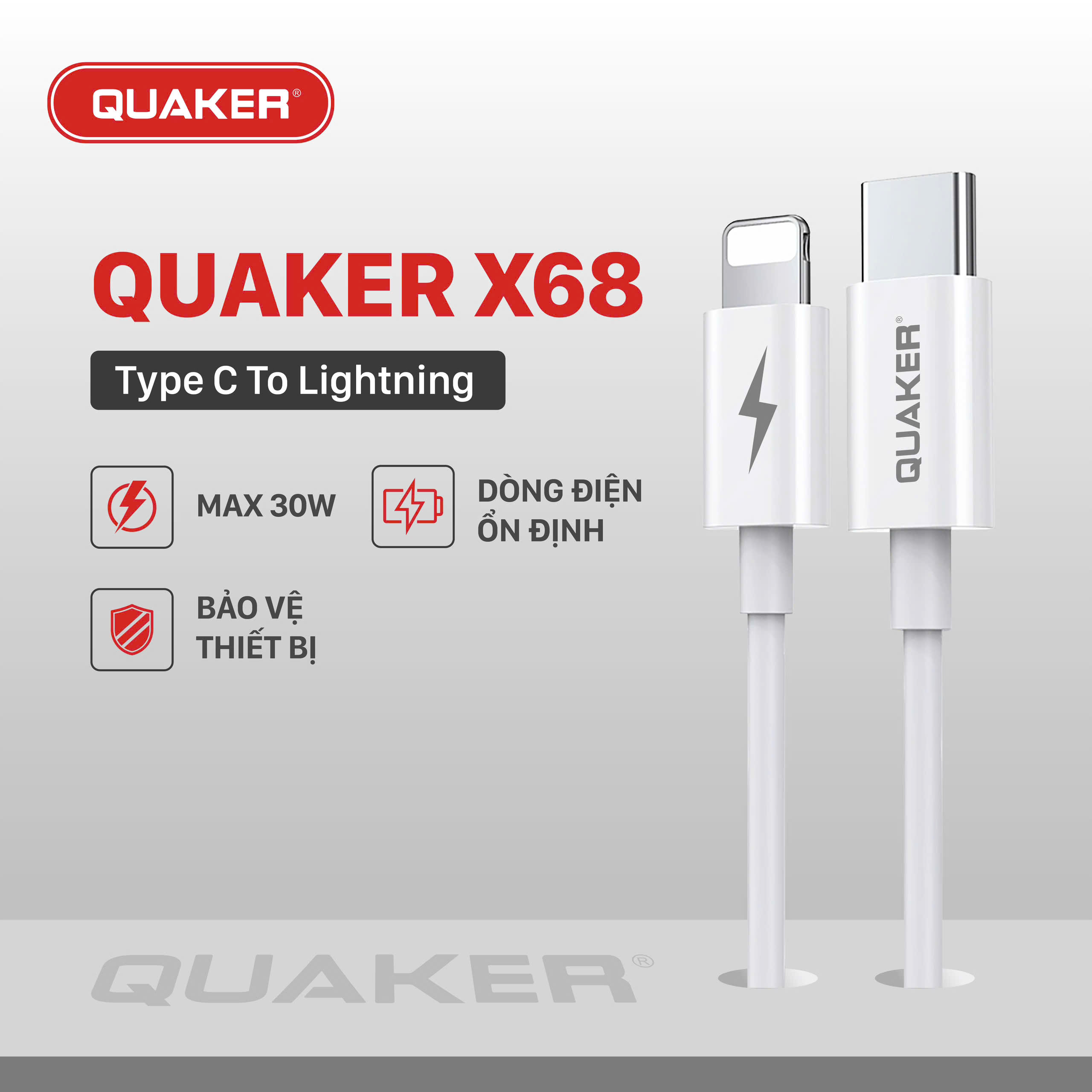 Cáp Sạc Dù Quaker X68 – Type-C to Lightning | Sạc Nhanh 60W | Dài 1M | Bọc PVC Cao Cấp – An Toàn, Bền Bỉ