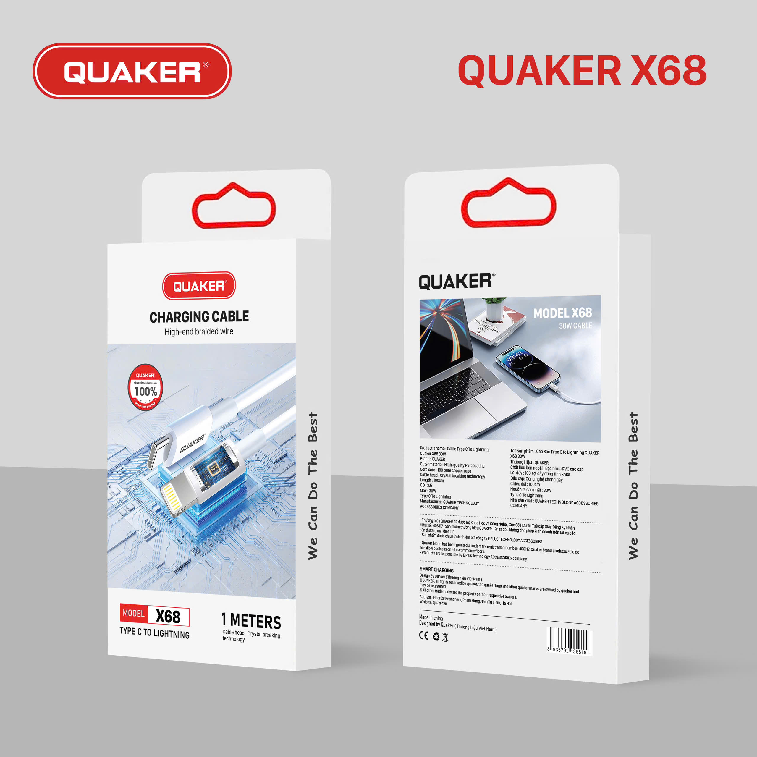 Cáp Sạc Dù Quaker X68 – Type-C to Lightning | Sạc Nhanh 60W | Dài 1M | Bọc PVC Cao Cấp – An Toàn, Bền Bỉ