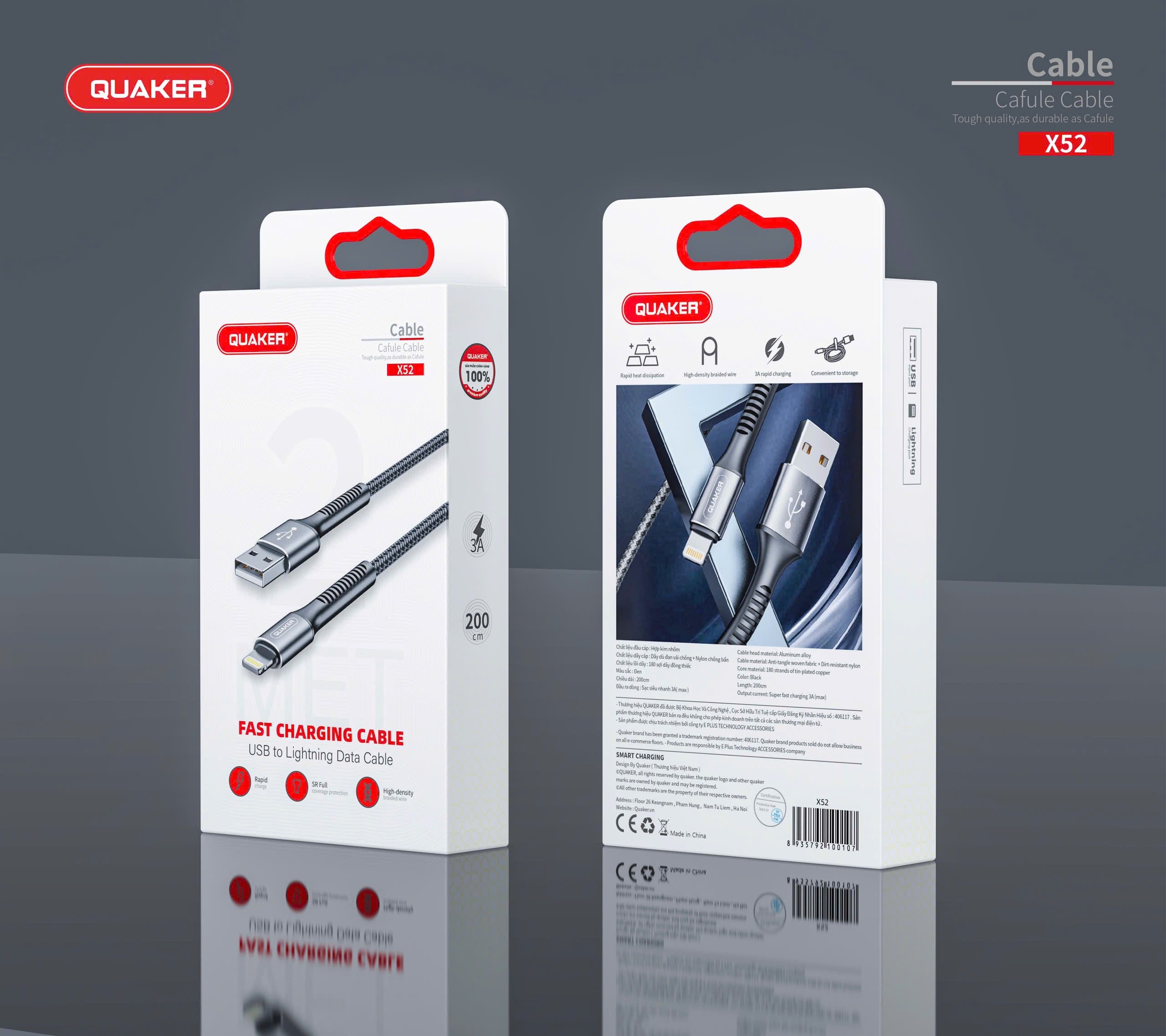Cáp Sạc Nhanh 3A Quaker X52 2M
