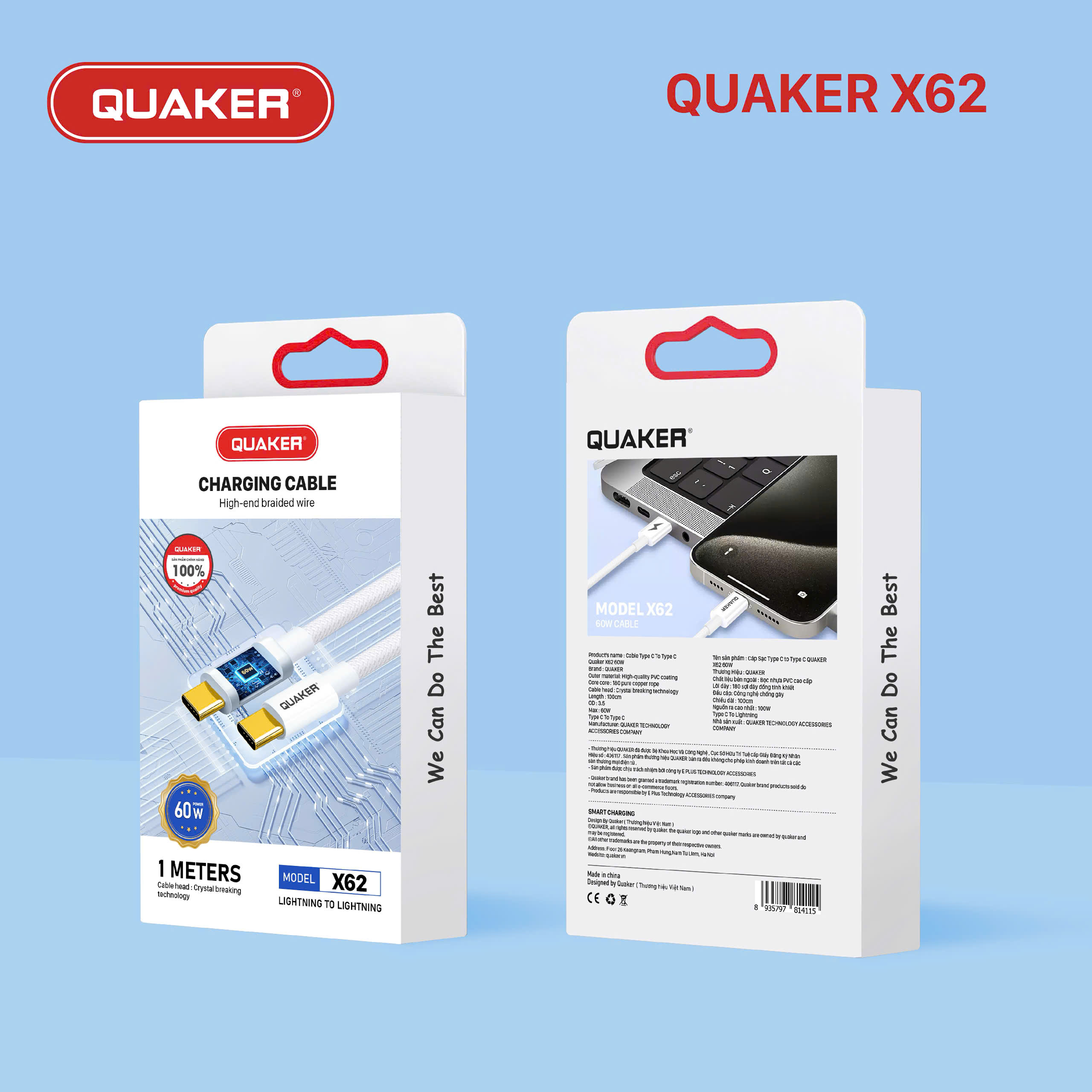 Cáp Sạc Dù Quaker X62 60W Type-C to Type-C